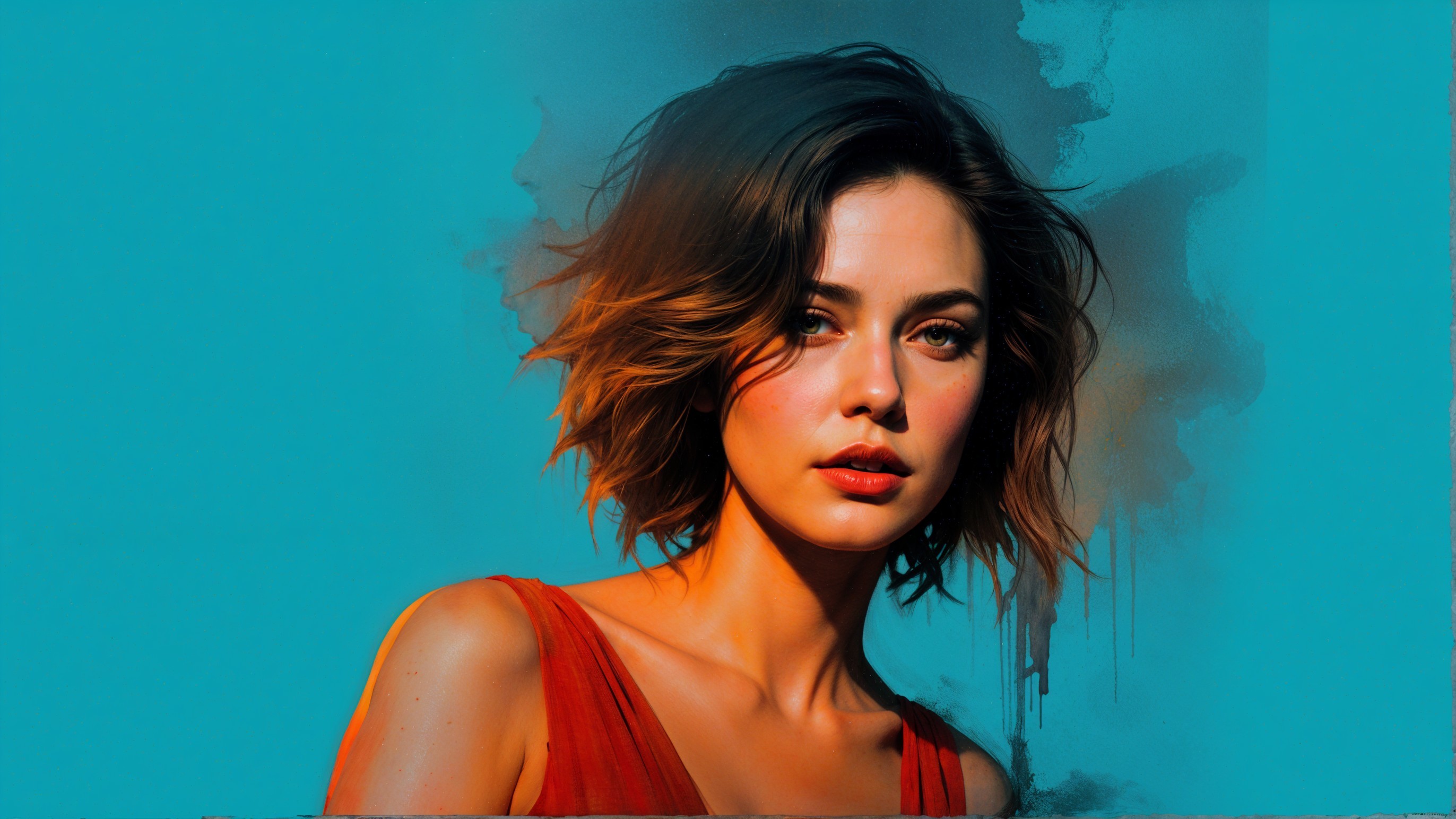 Young woman in vibrant red top against turquoise background