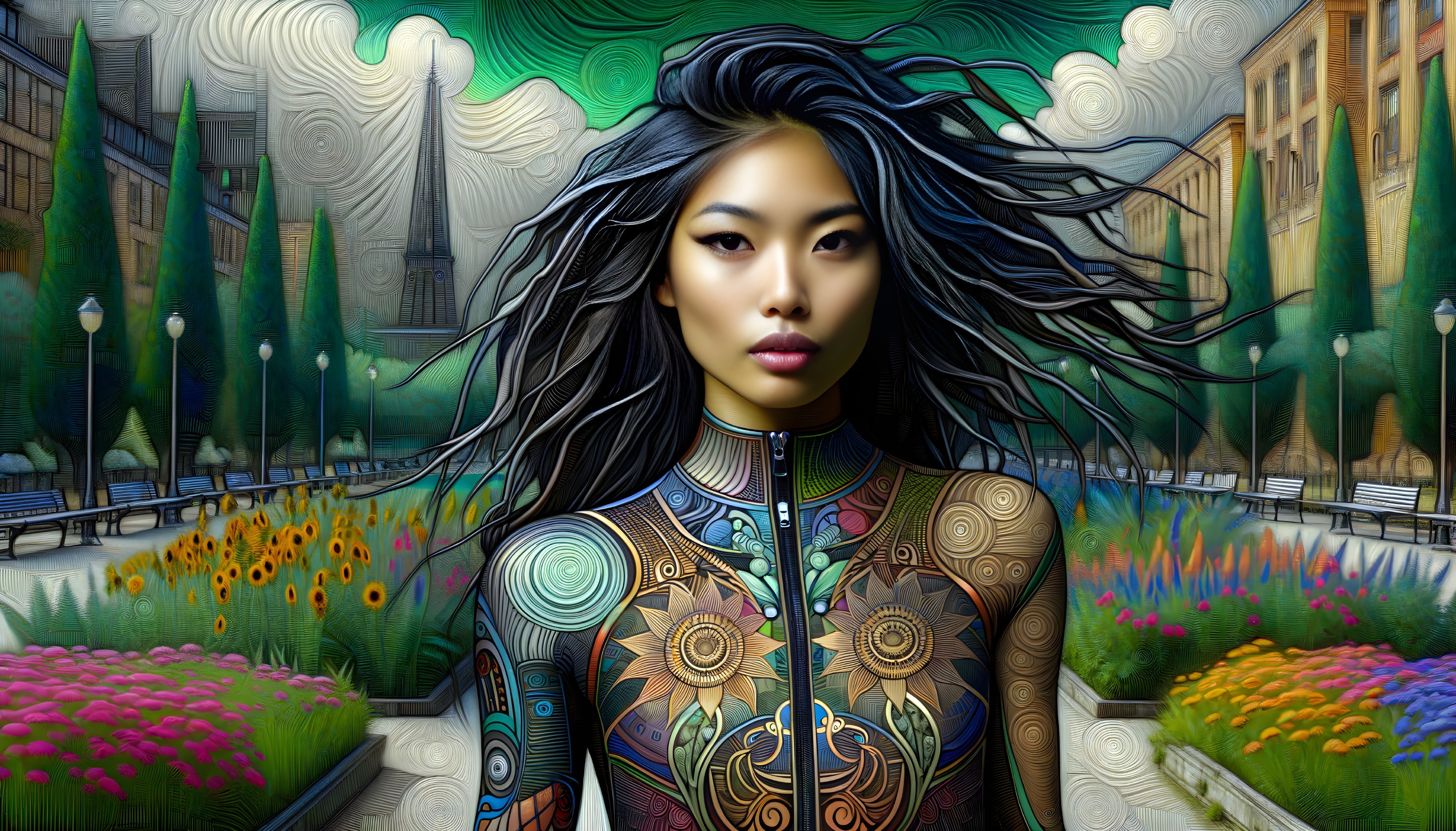 Vibrant Park Scene with Floral Bodysuit and Cityscape