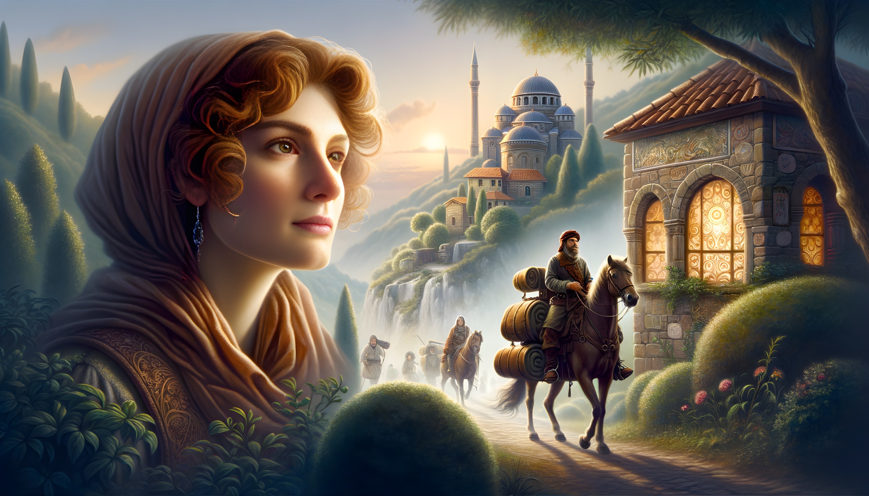 Serene landscape with woman and picturesque town backdrop