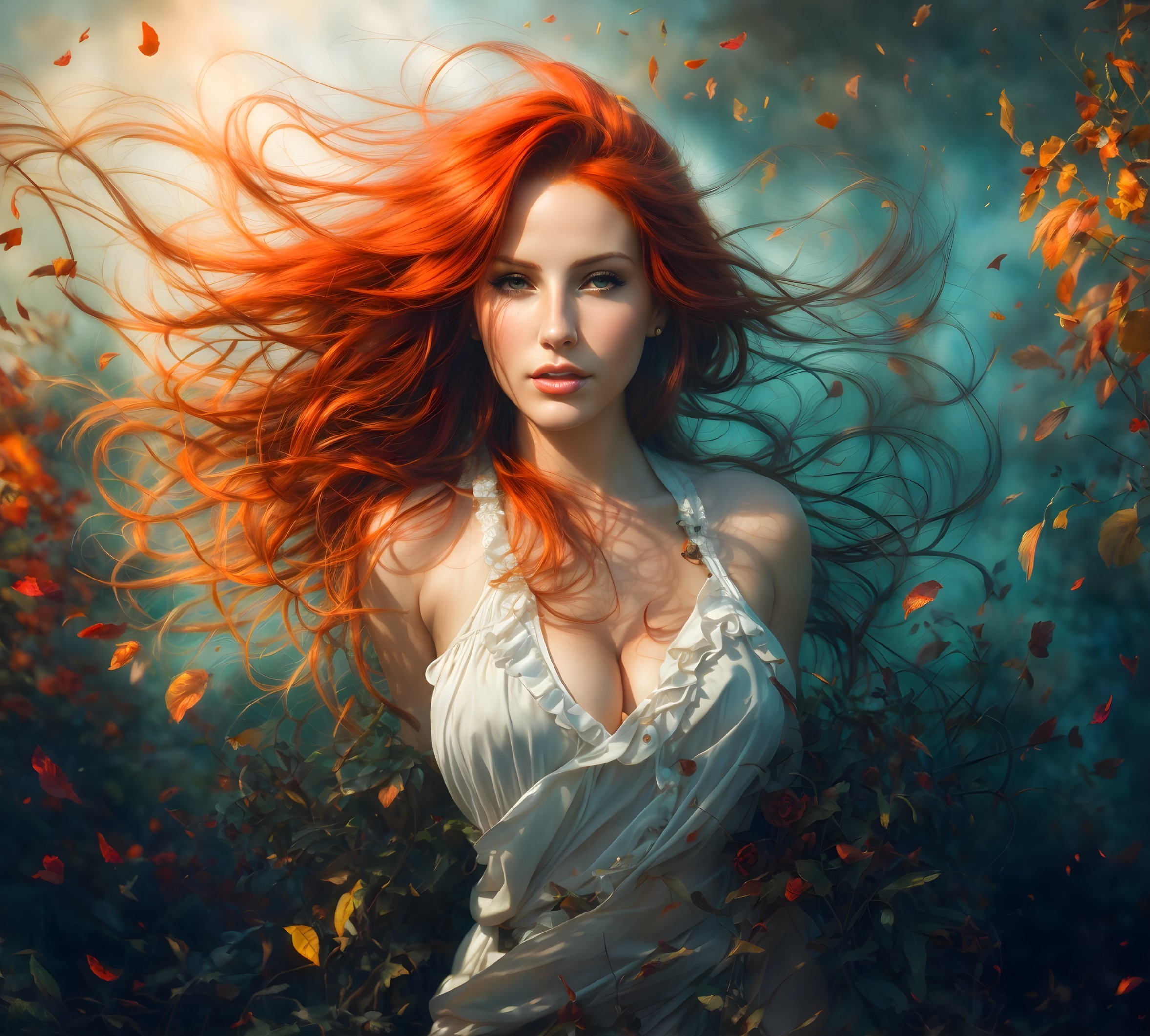 Woman with Red Hair in Dreamy Autumn Setting