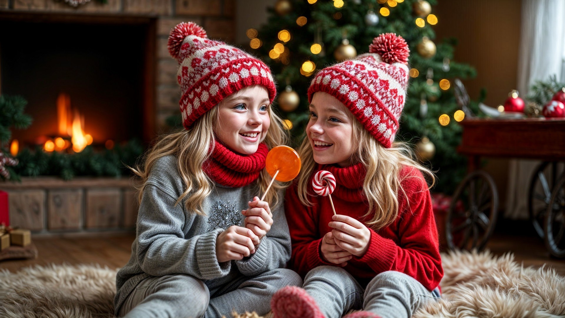 Young girls by Christmas tree with lollipops and fire