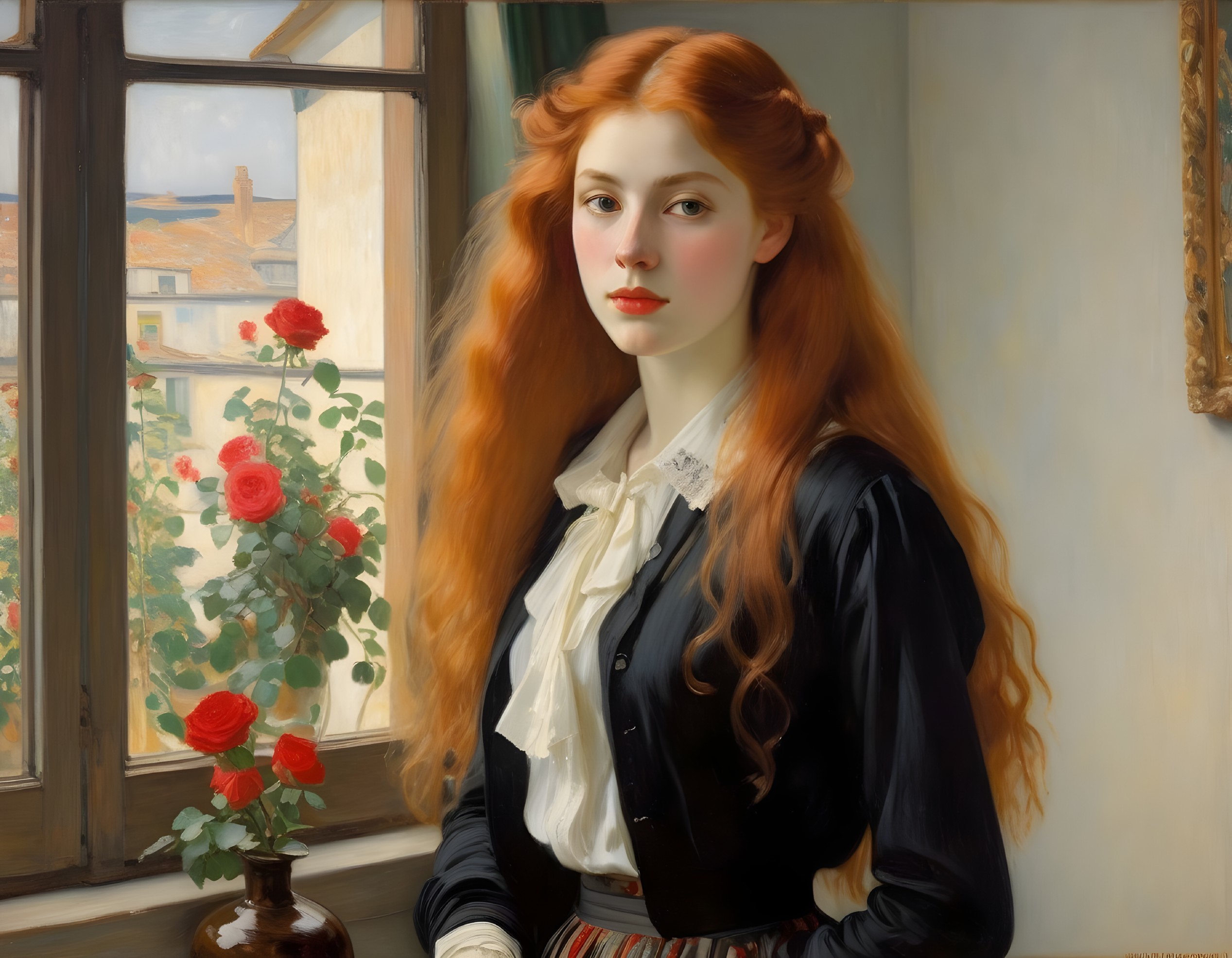 Young Woman by Window with Red Roses and Natural Light