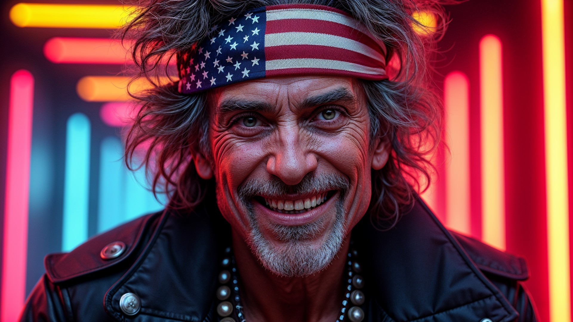 Charismatic Man in Leather Jacket with Neon Background