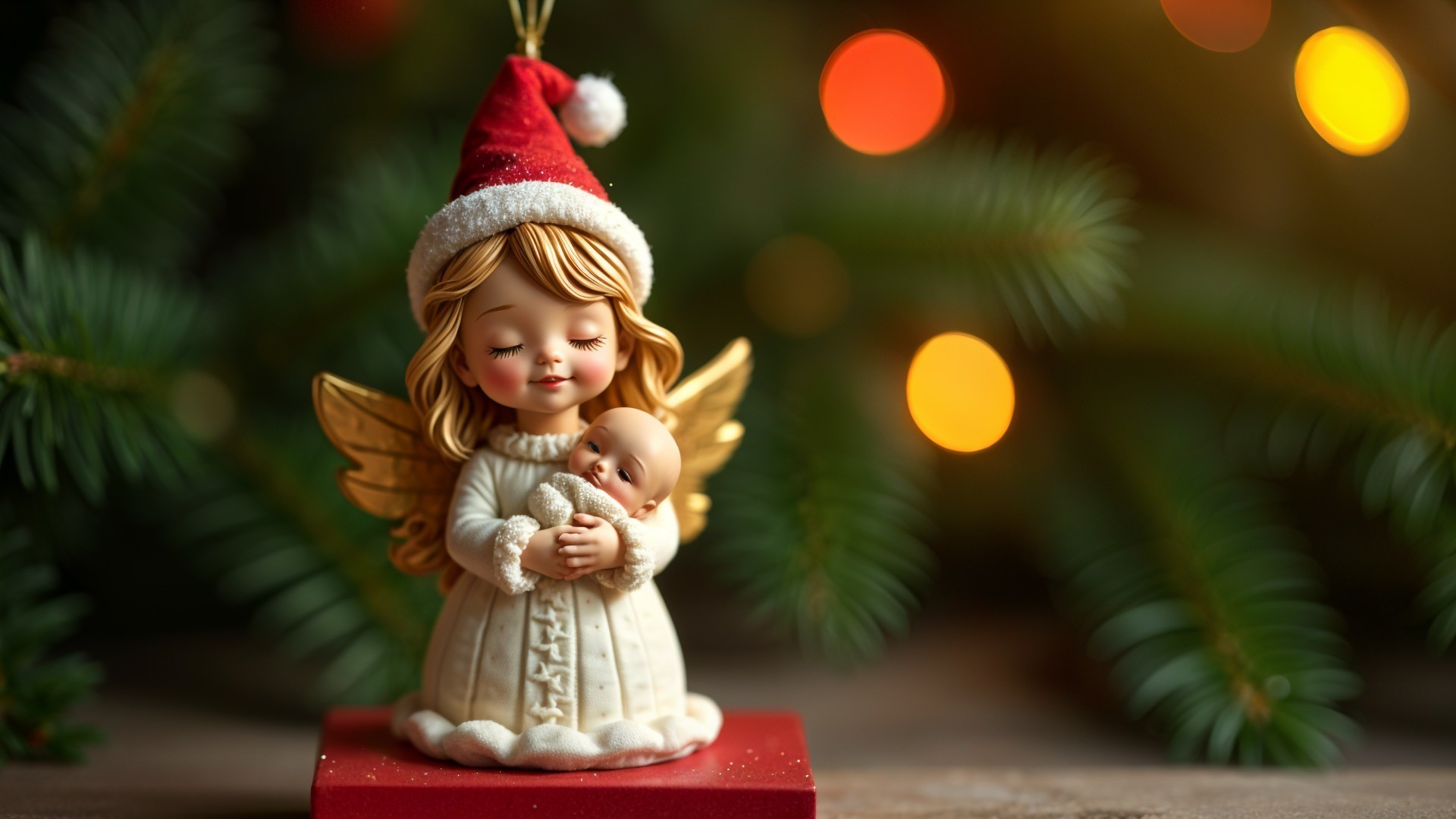 Holiday Angel Figurine with Baby and Christmas Lights