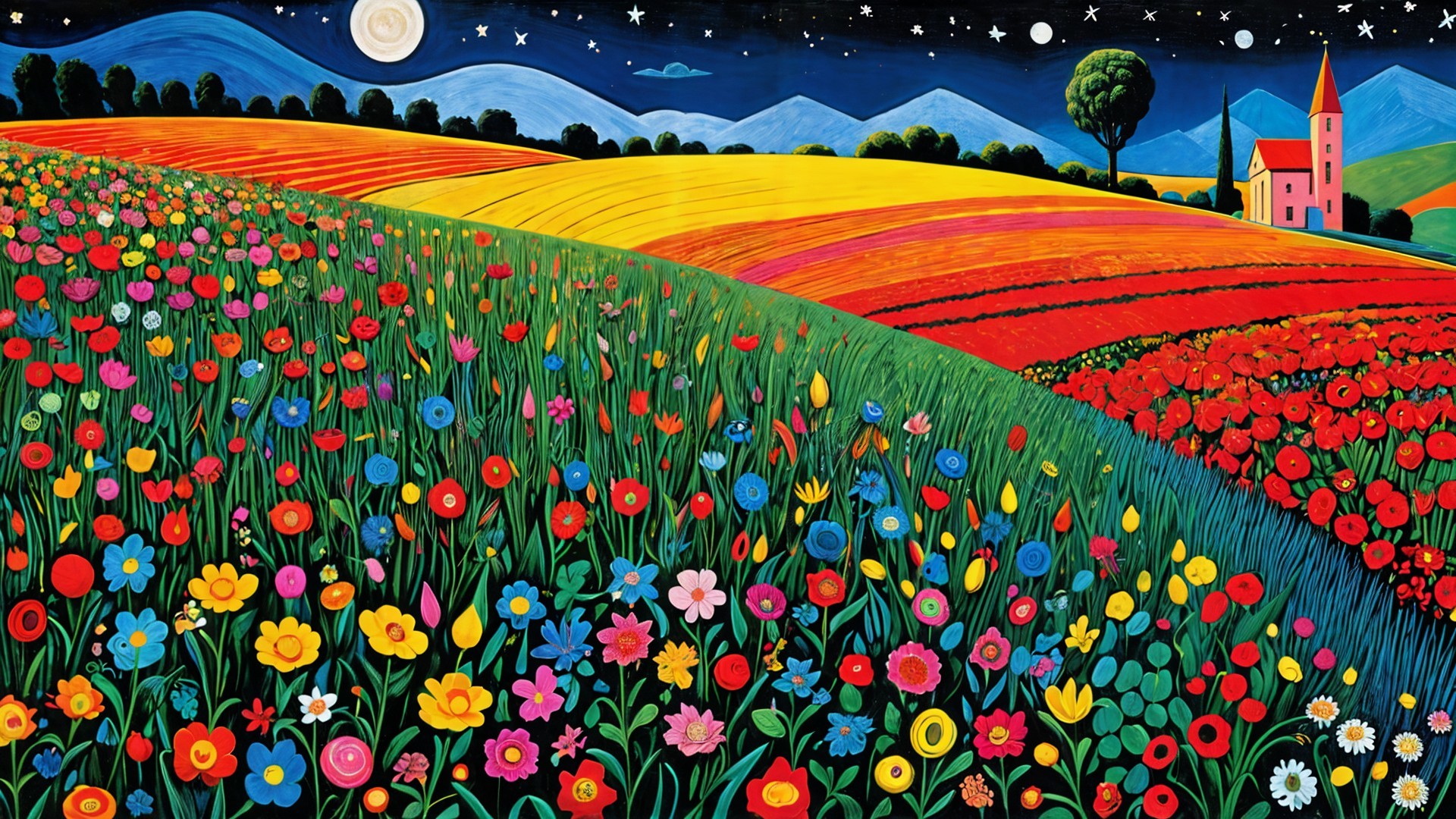 Vibrant Landscape with Colorful Flowers and Moonlit Hills