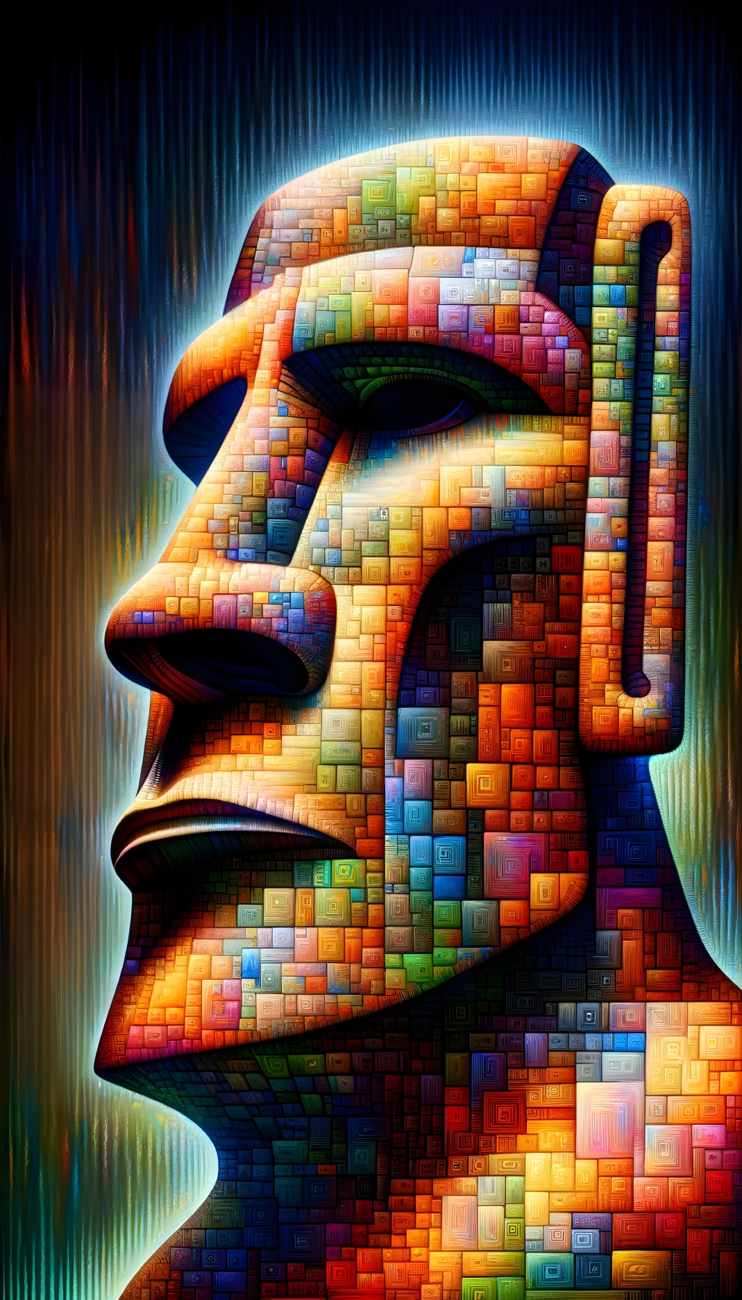Colorful Cubist-Style Face Painting with Rain Background
