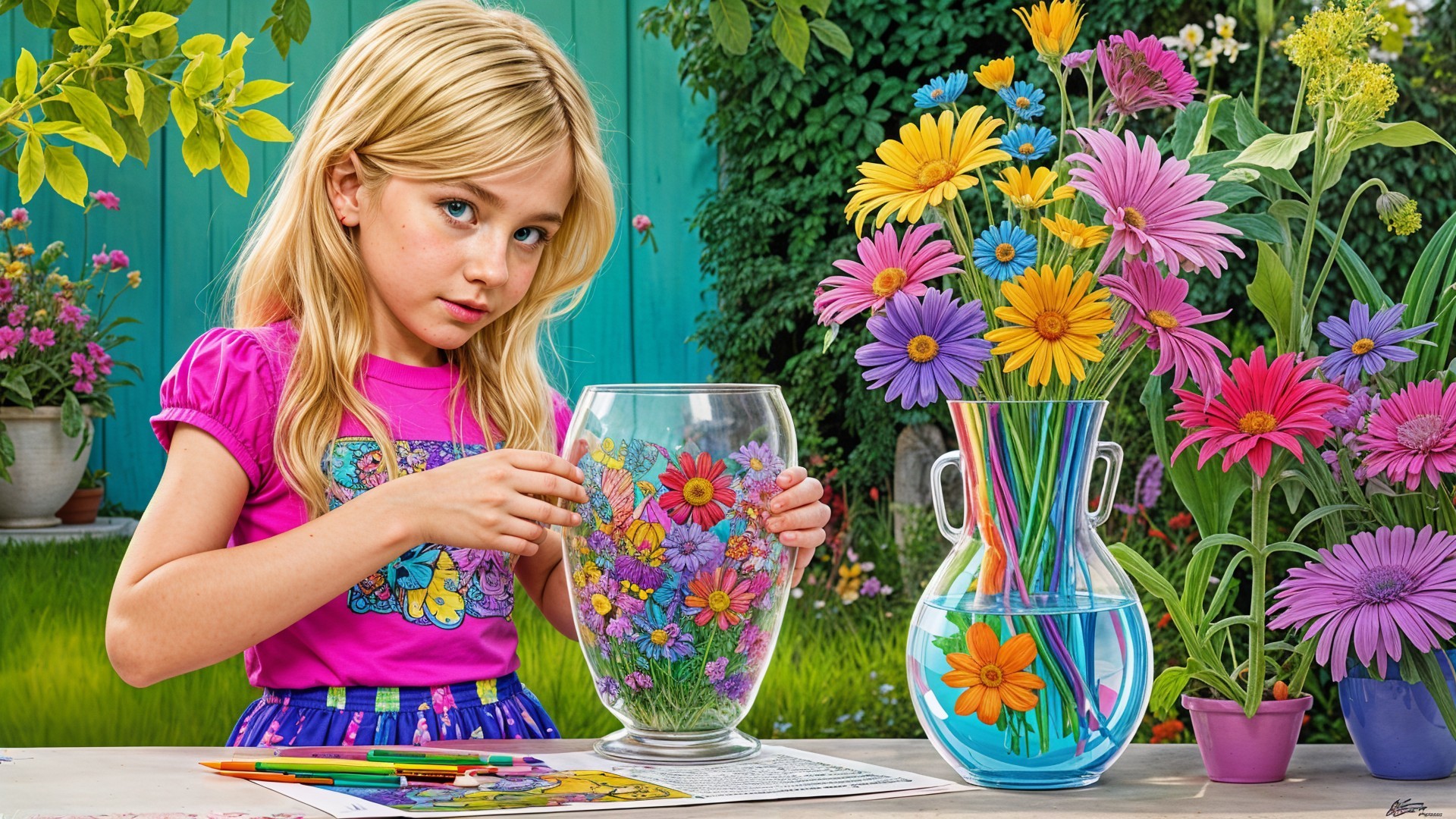 Young Girl Assembling Colorful Floral Arrangement