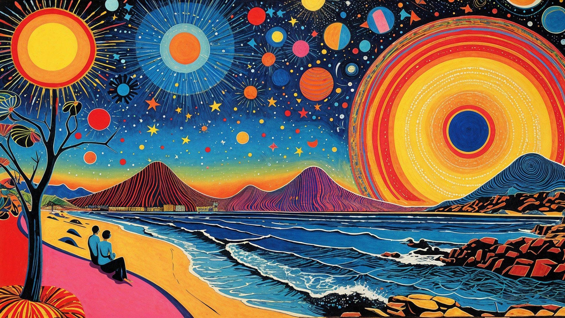 Surreal Twilight Beach Scene with Colorful Celestial Elements