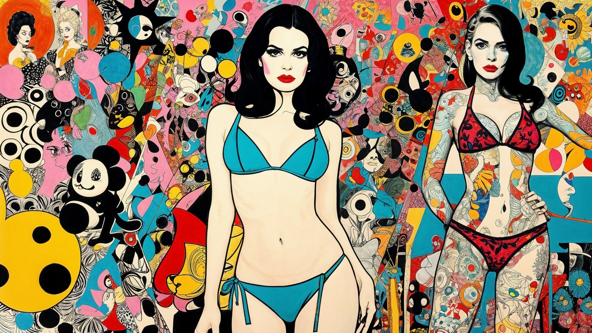 Stylized Women in Vibrant Swimsuits with Colorful Backdrop
