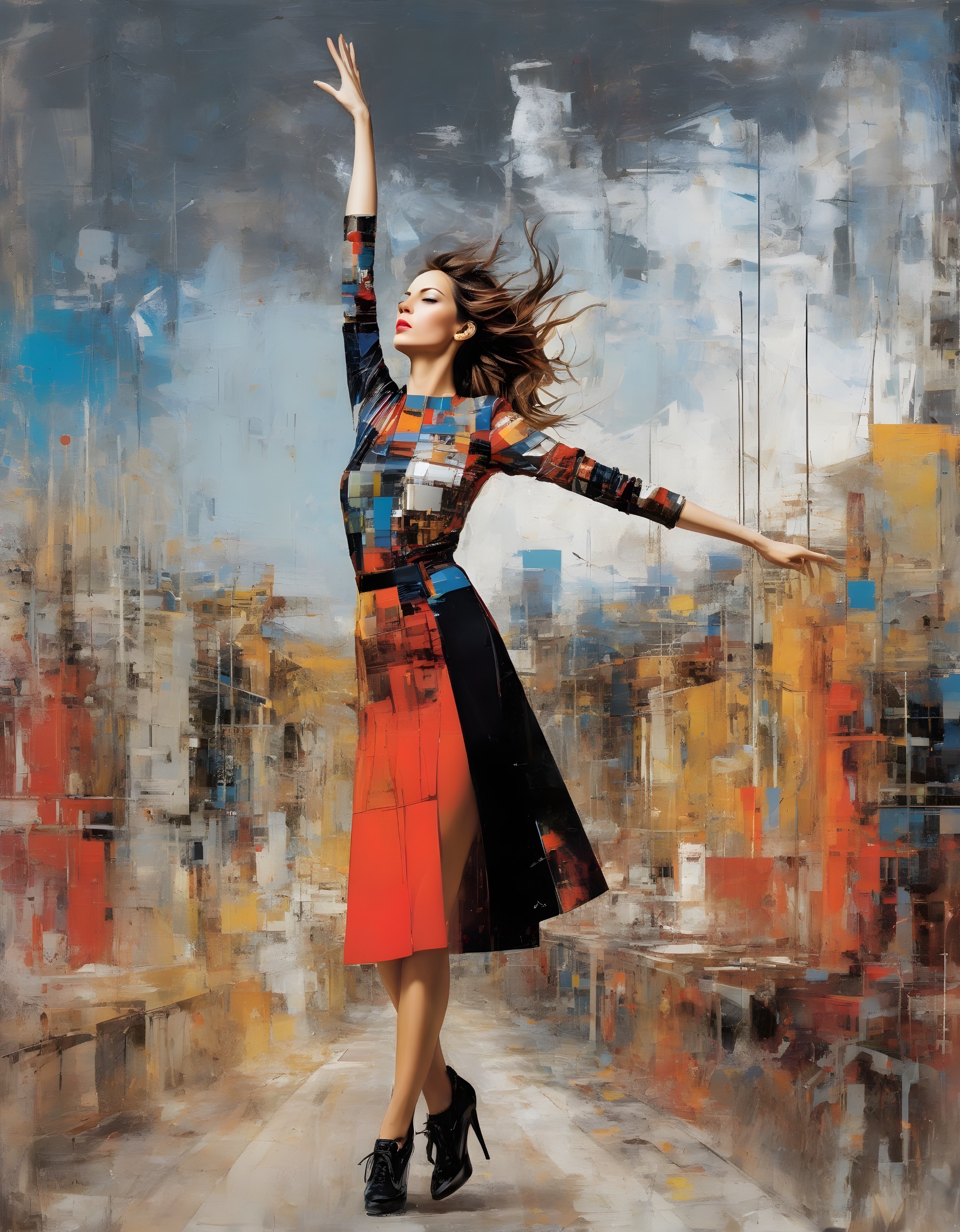 Elegant Dance in a Vibrant Abstract Urban Setting