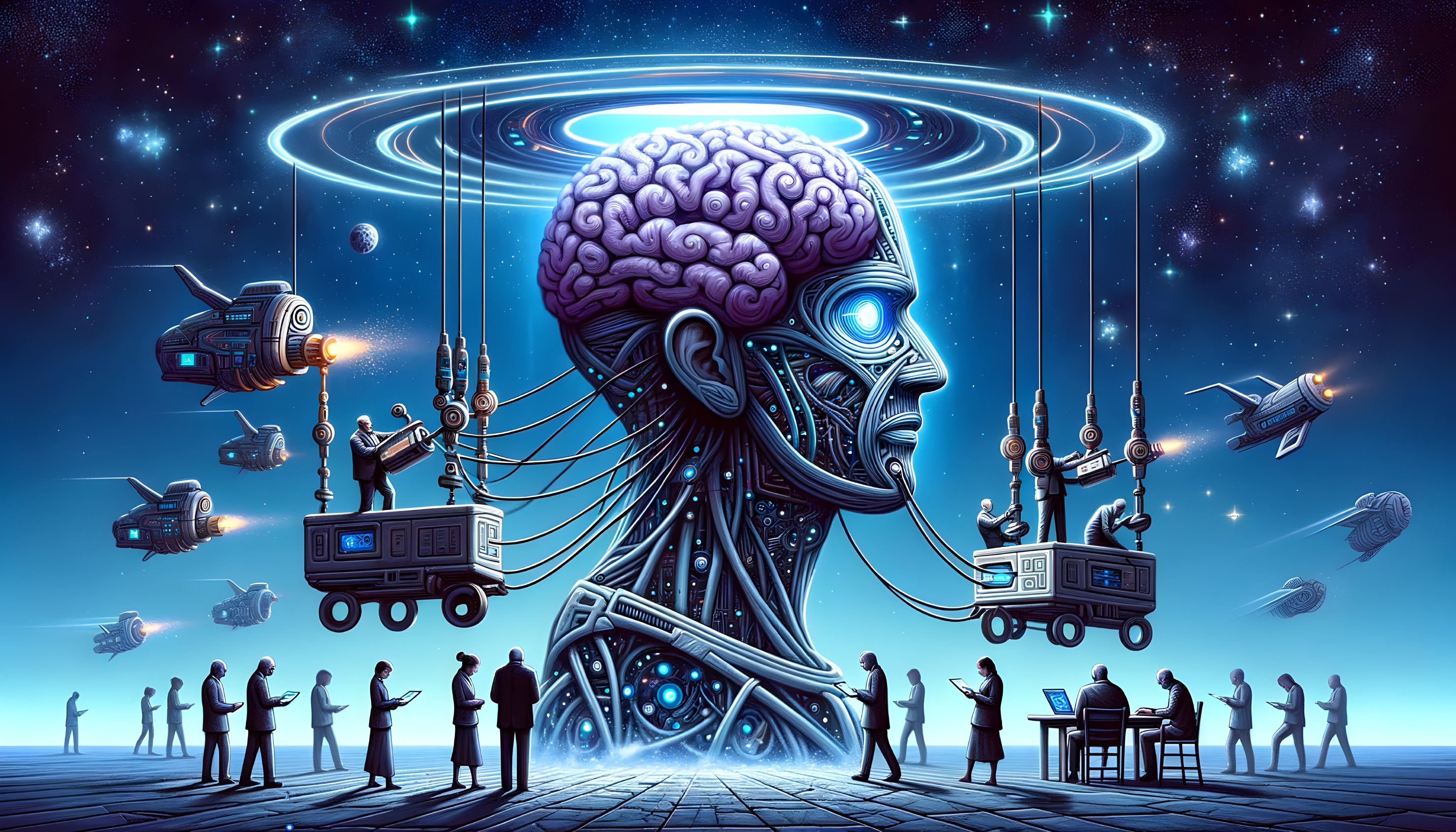 Futuristic Scene with Glowing Brain and Machinery