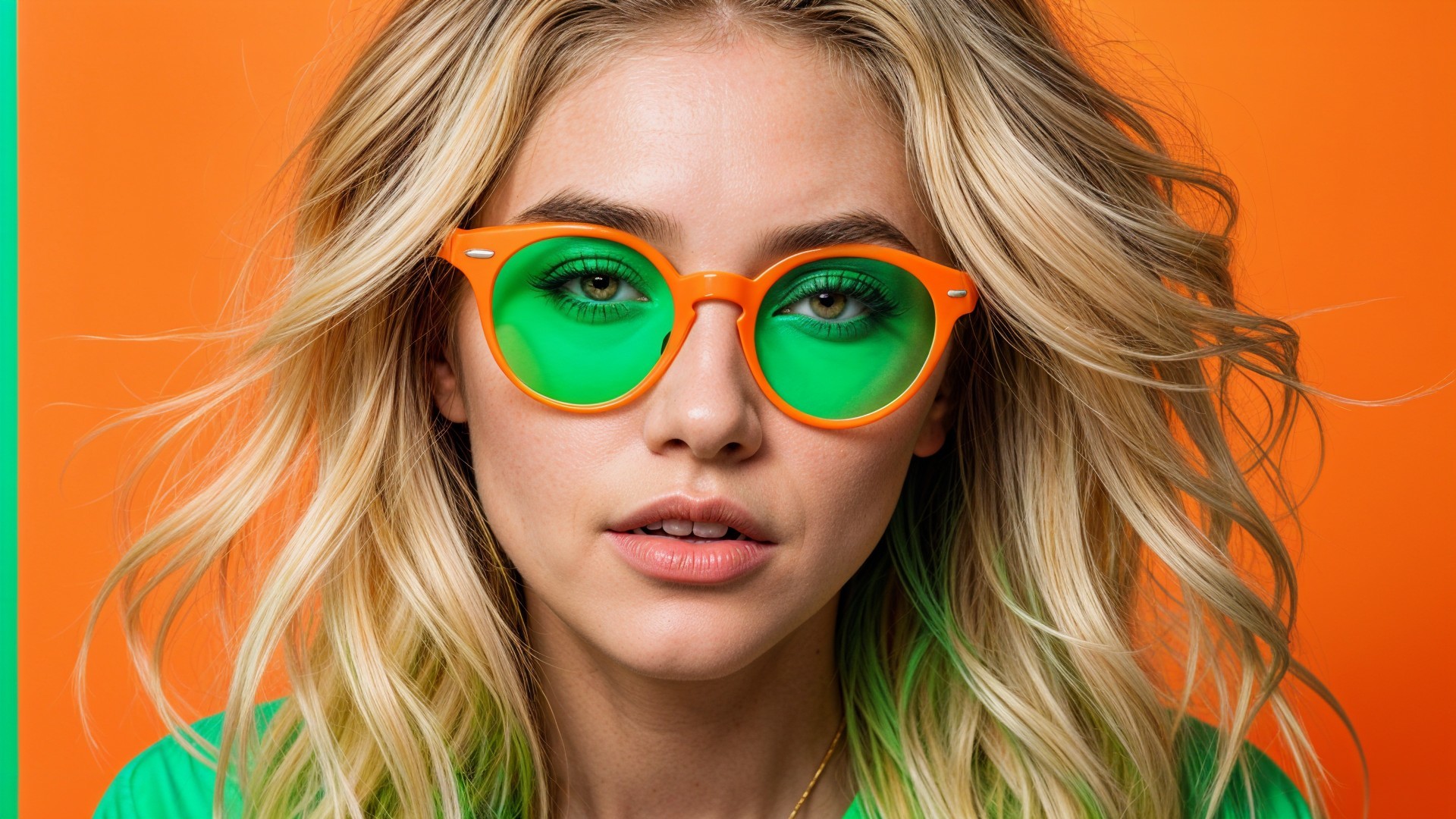 Young Woman in Vibrant Sunglasses Against Orange Background