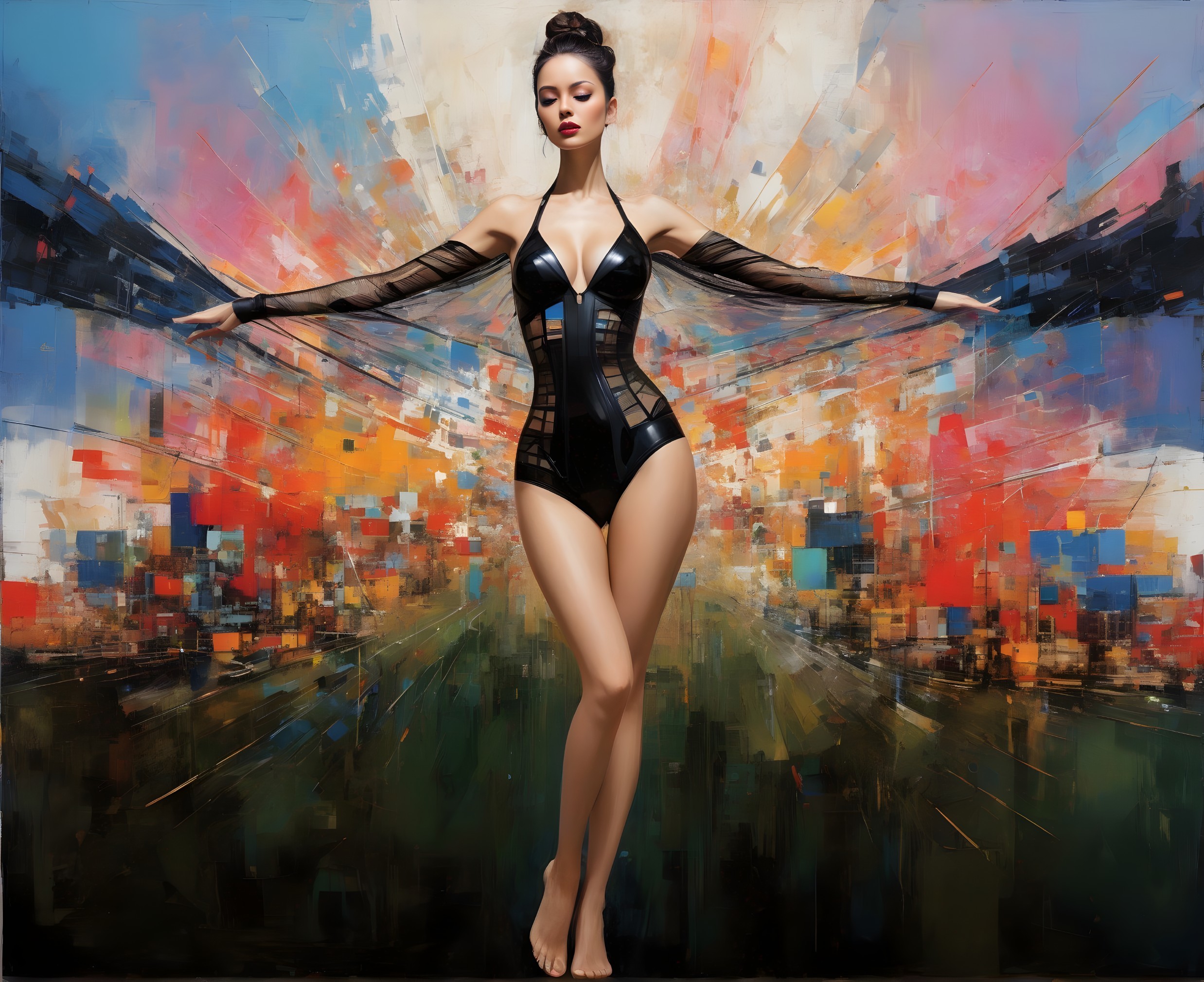 Elegant Figure in Black Bodysuit Against Abstract Background