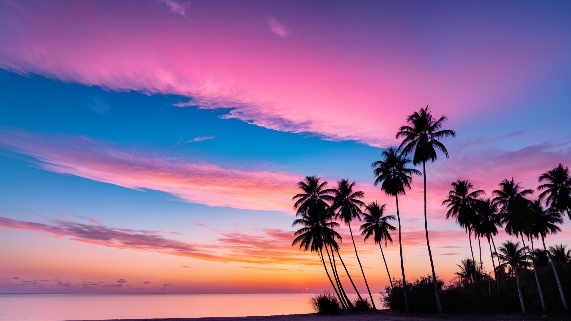 Serene Beach Sunset with Palm Tree Silhouettes