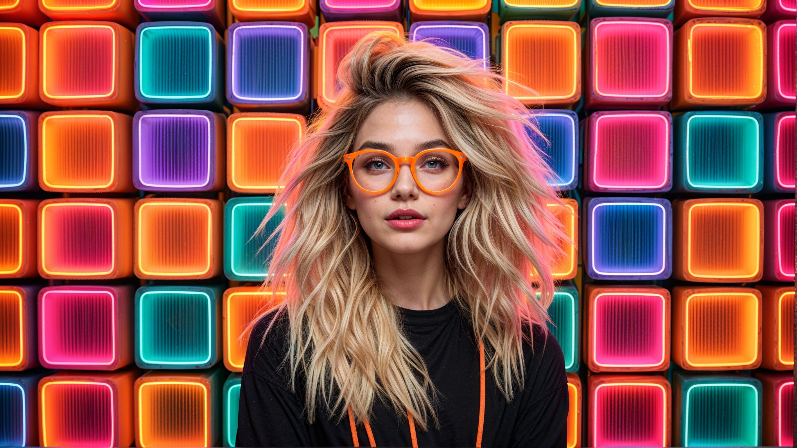 Young woman with blonde hair and neon backdrop