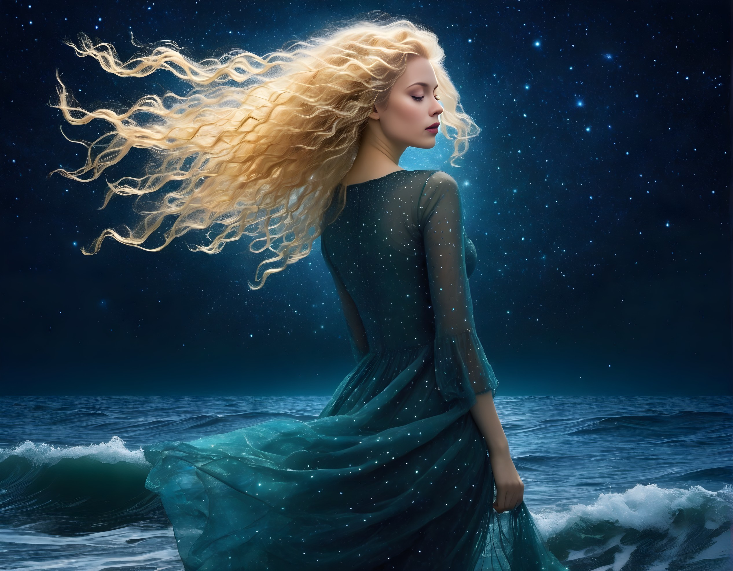 Woman in Teal Dress by Ocean Under Starry Sky