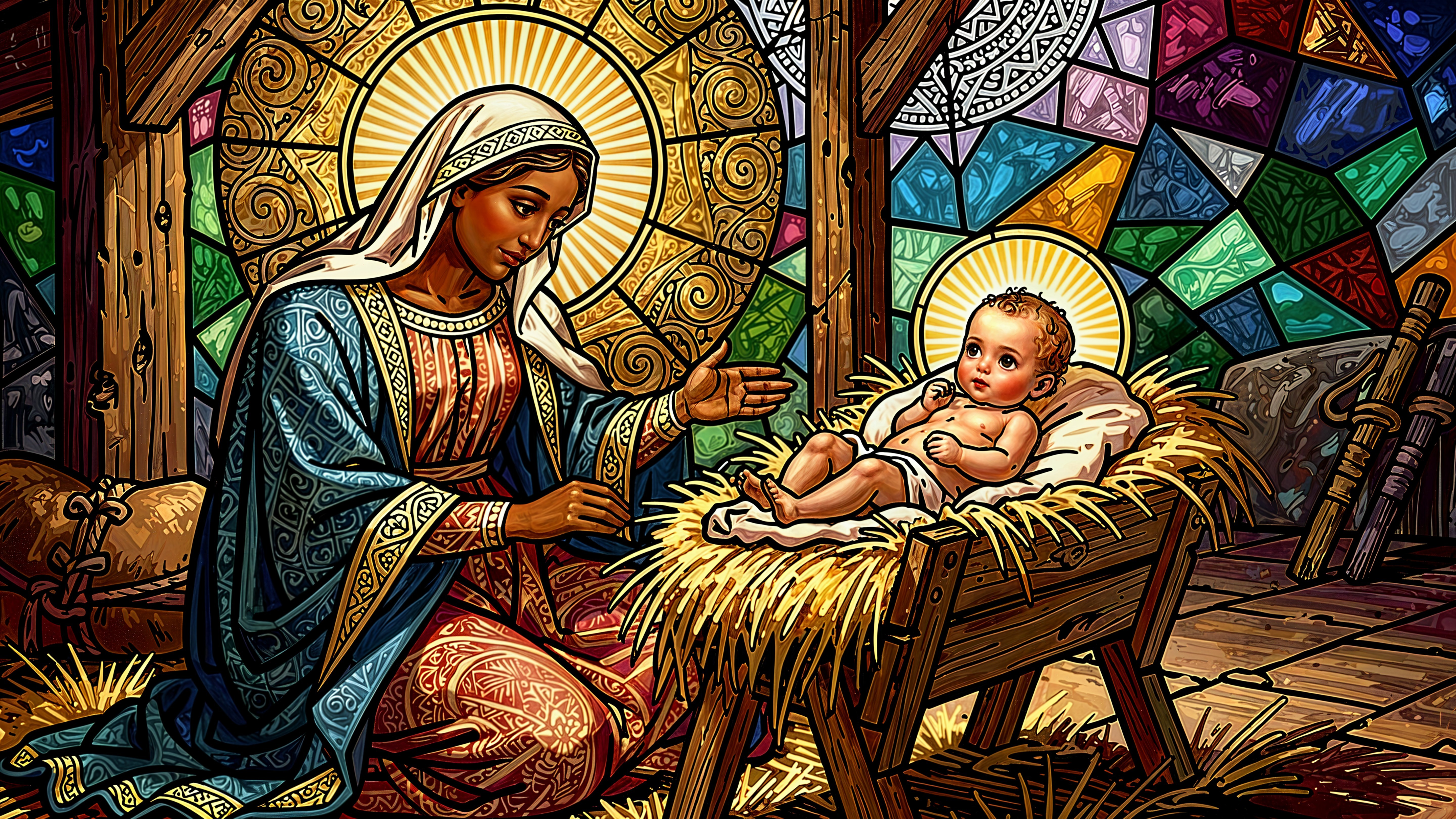 Stained Glass Depiction of Virgin Mary and Baby Jesus
