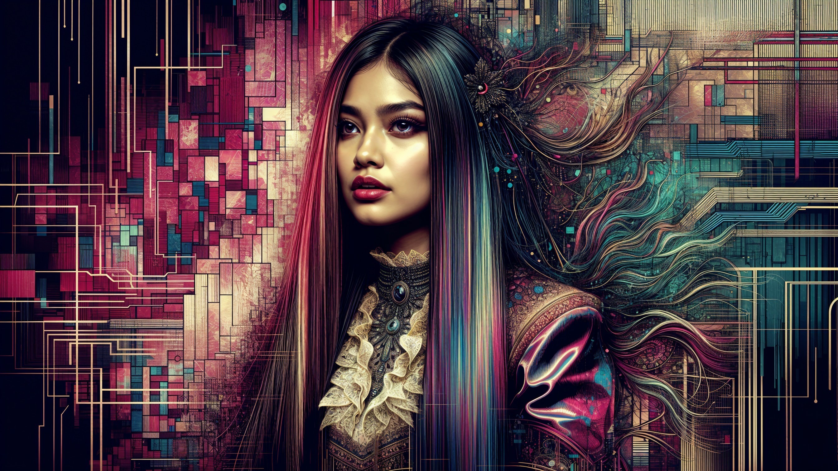 Woman with Vibrant Hair in Colorful Abstract Setting