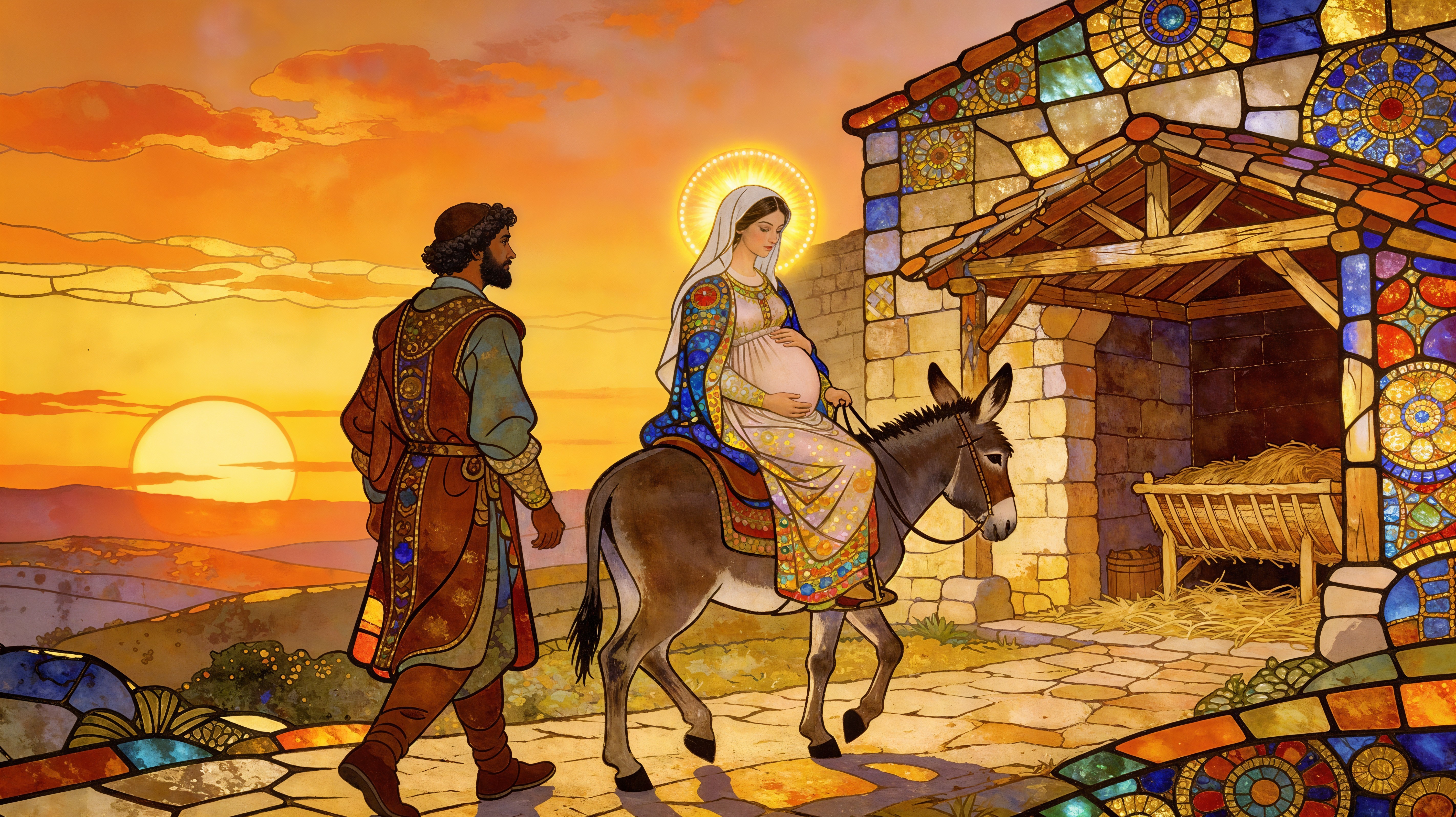 Stained Glass Illustration of Mary and Joseph Journeying
