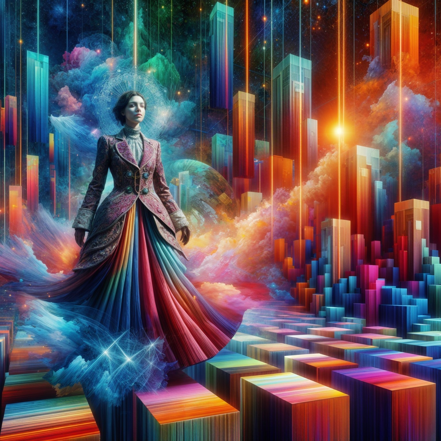 Surreal Landscape with Vibrant Figure in Colorful Coat