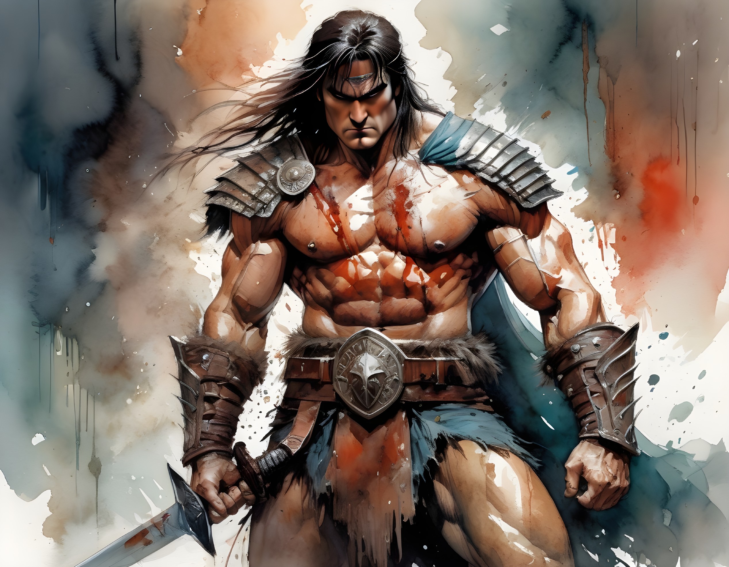 Muscular Warrior in Leather Armor with Sword