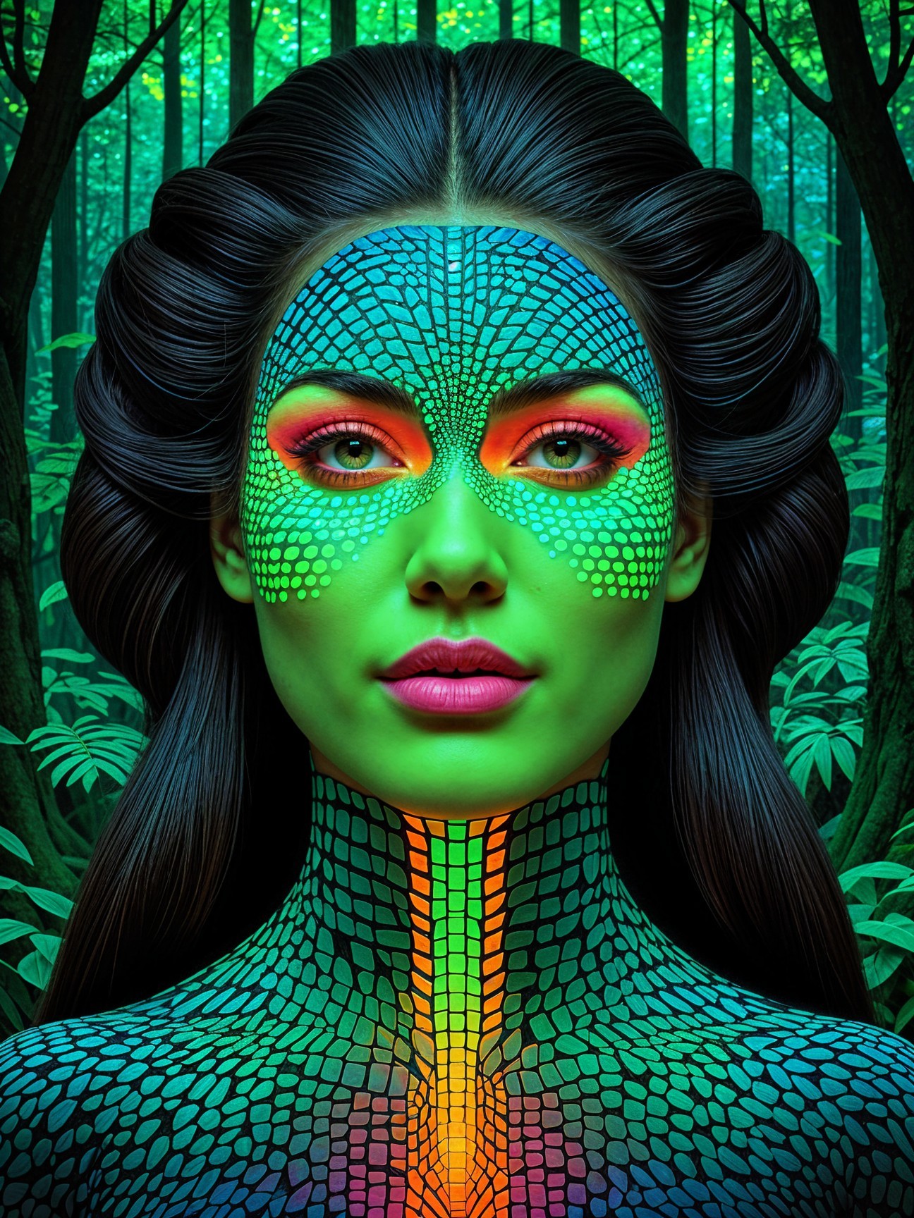 Portrait of a woman with reptilian-inspired face paint