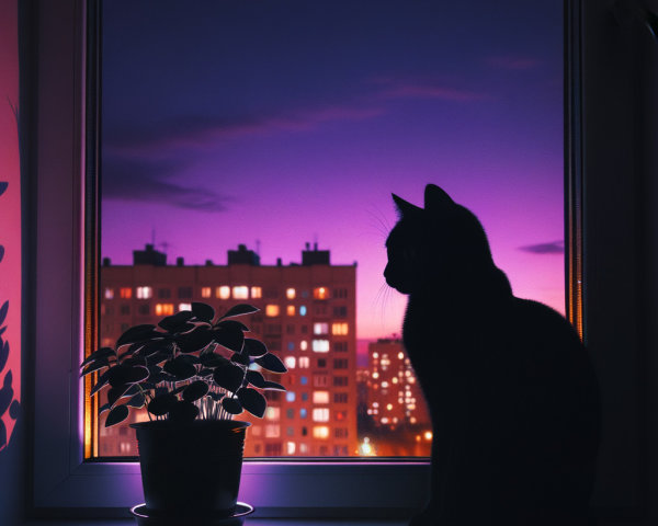 Cozy Dusk Interior with Cat and City Lights