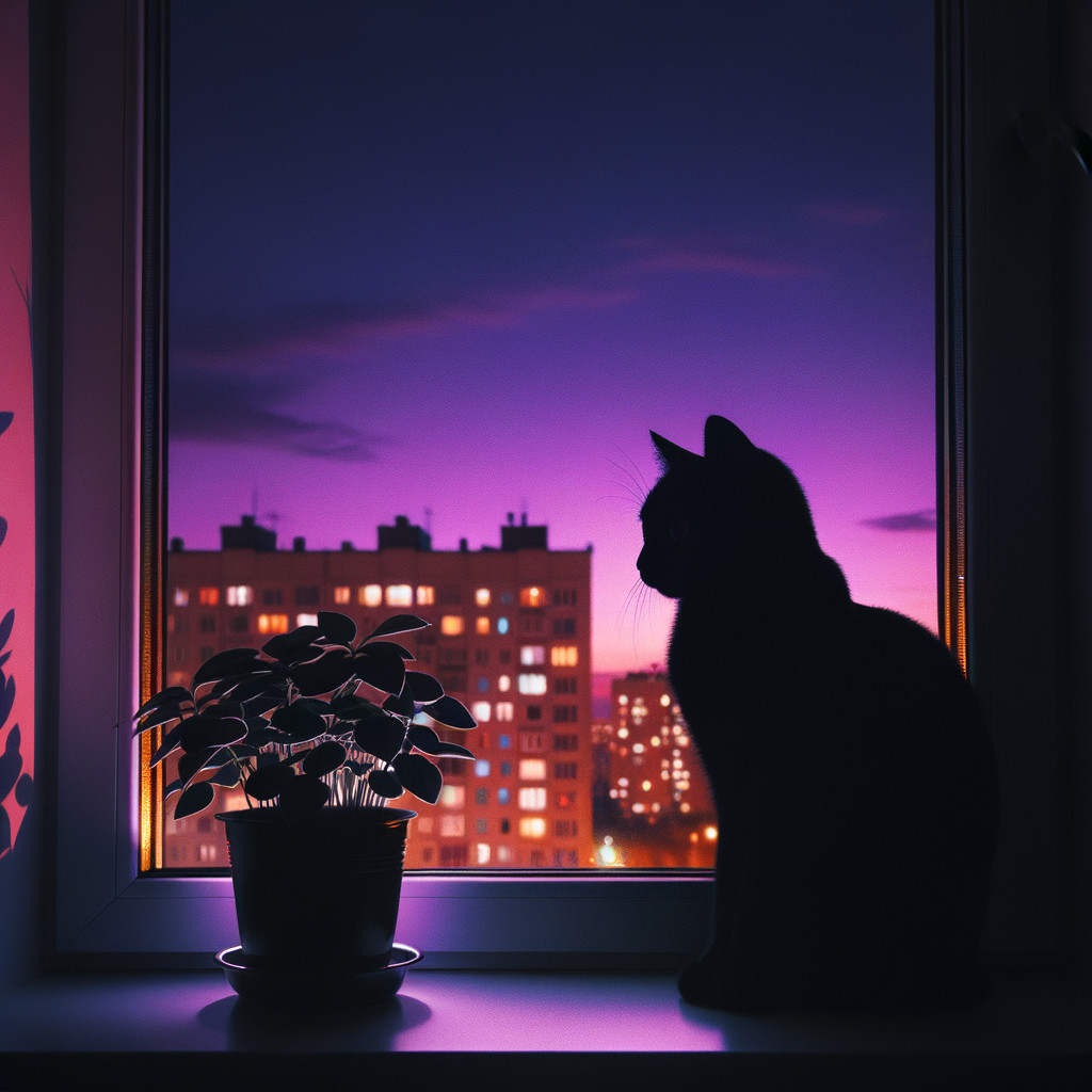 Cozy Dusk Interior with Cat and City Lights