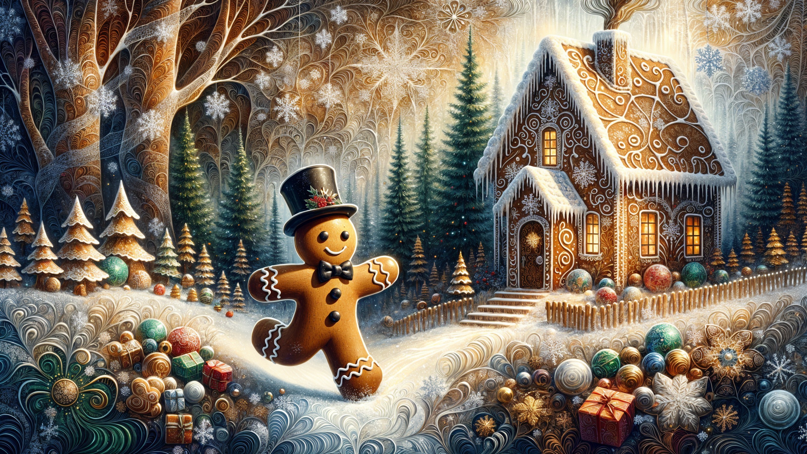 Whimsical Winter Scene with Gingerbread Man and Trees