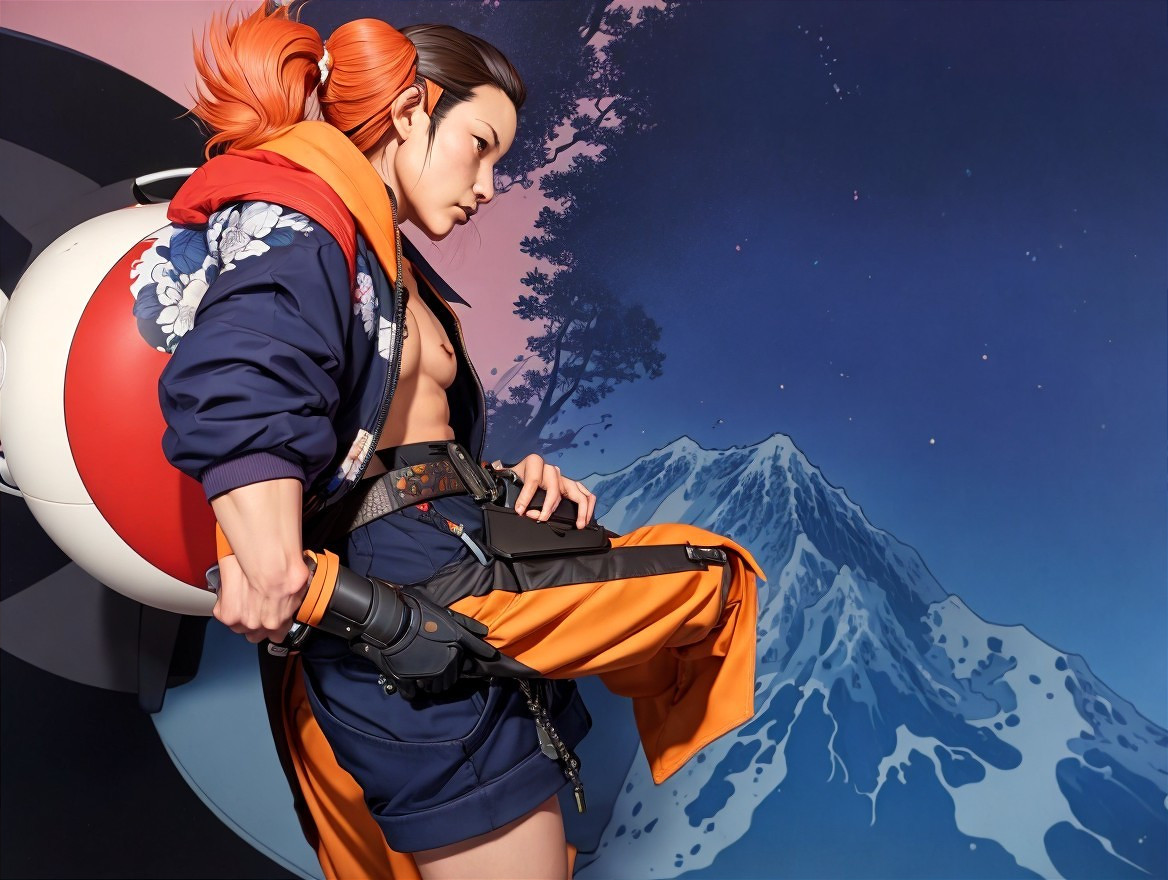 Stylized Character in Colorful Outfit Against Mountains