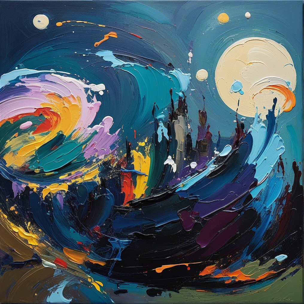 Abstract Painting of Swirling Waves and Celestial Bodies