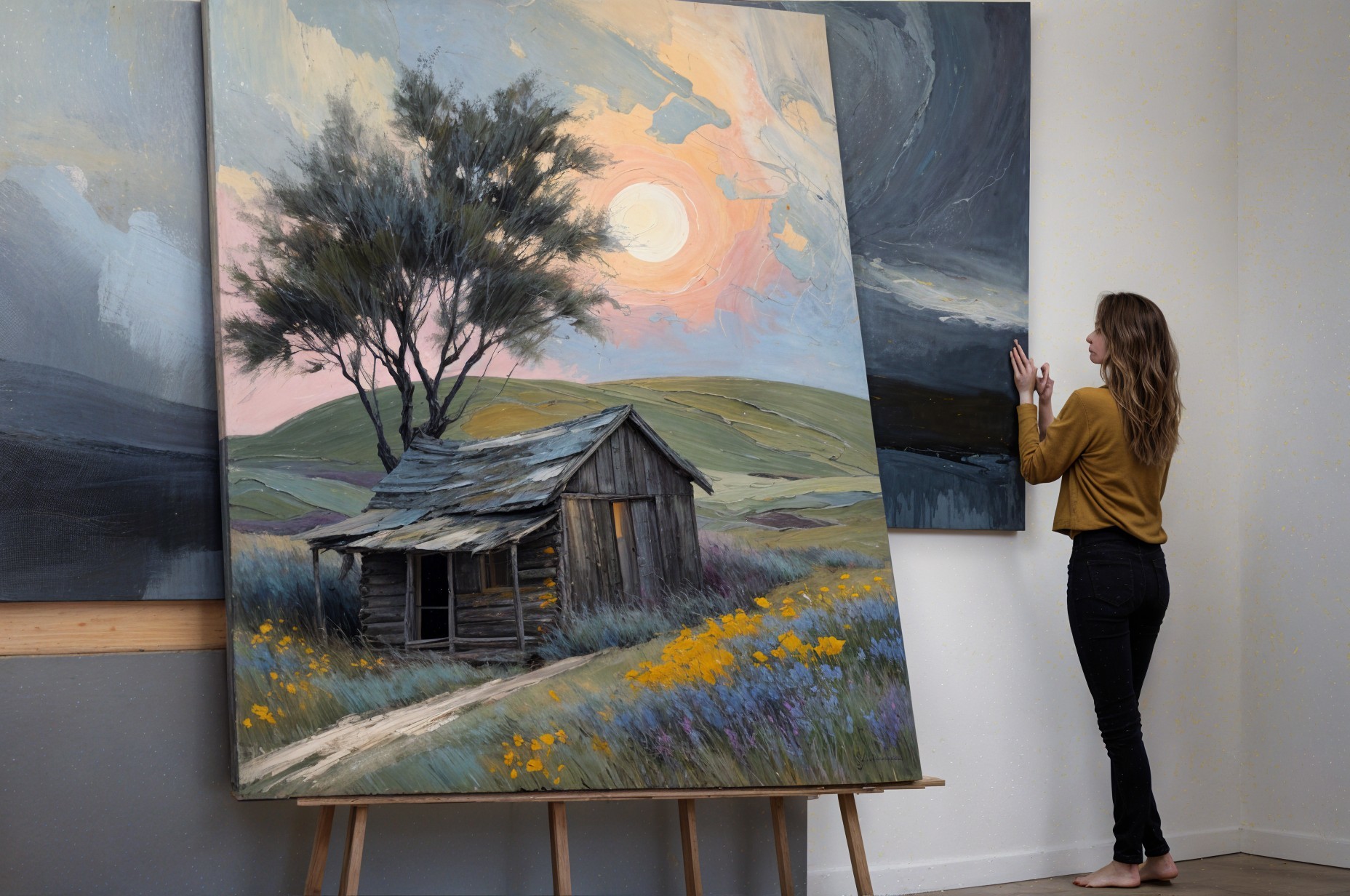 Vibrant Painting of Rustic Cabin and Blooming Flowers