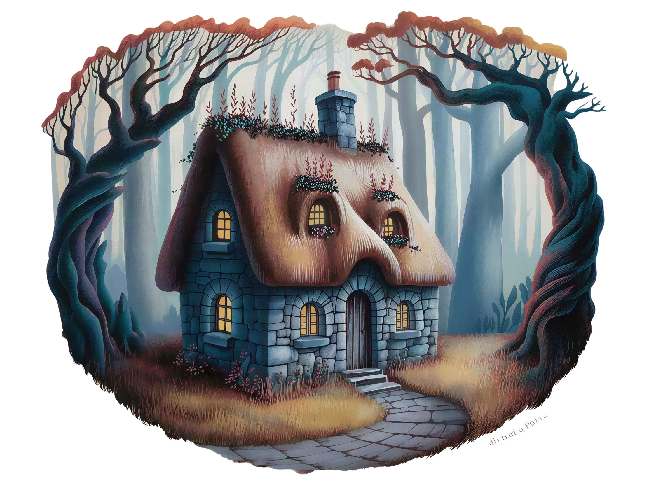 Fairytale Stone Cottage in a Misty Forest Setting