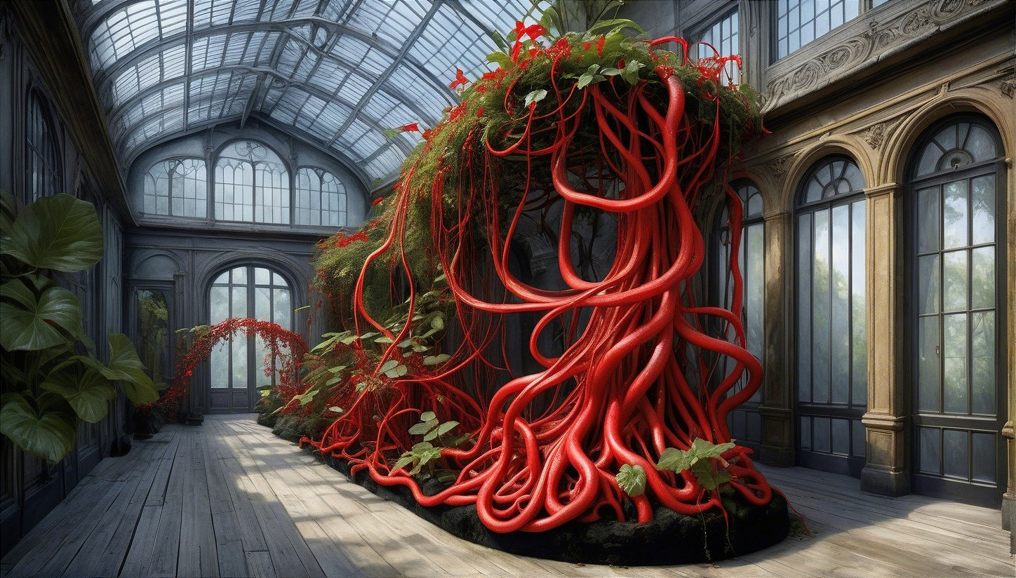 Vibrant Red Tendrils in a Sunlit Greenhouse Setting