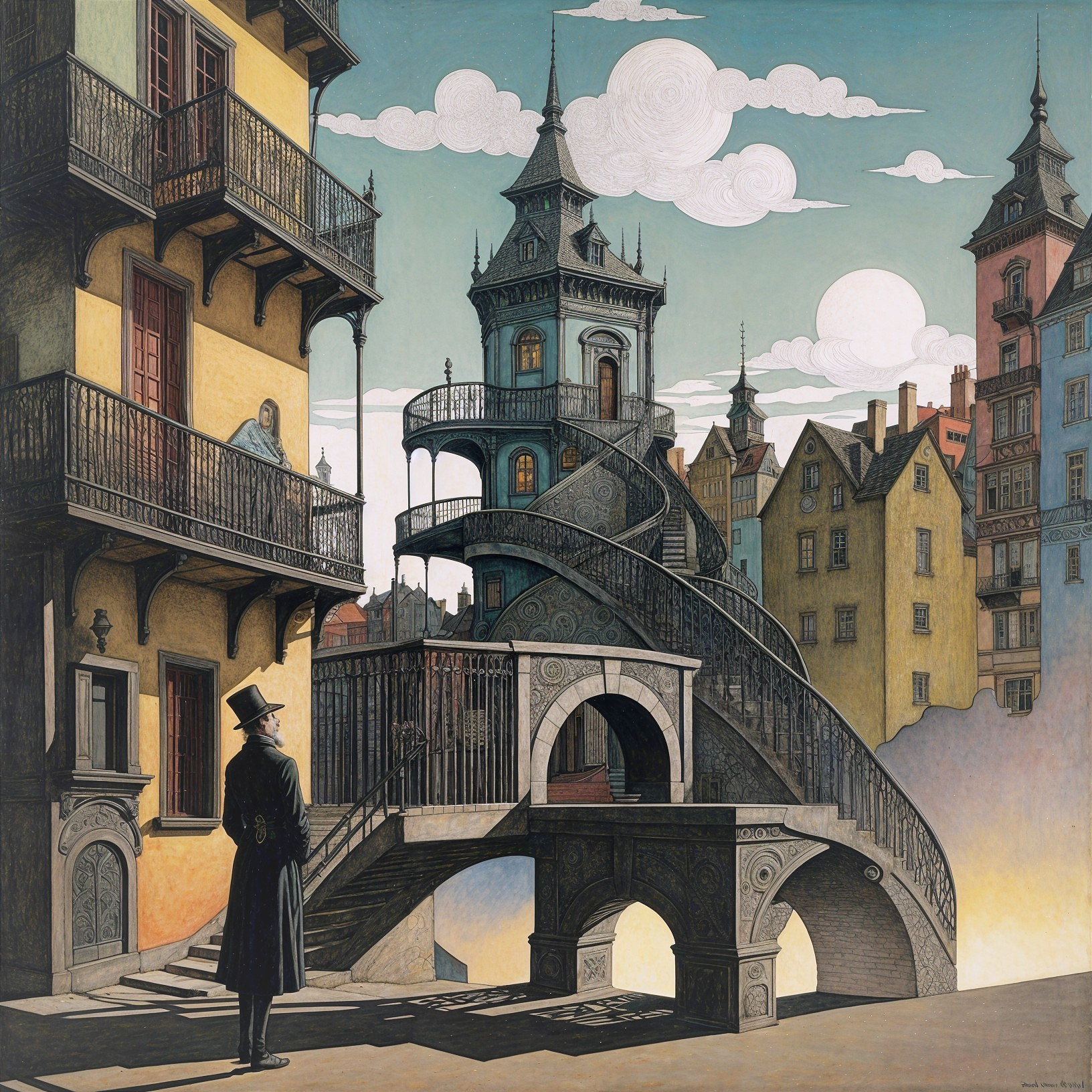 Surreal cityscape with intricate buildings and staircases