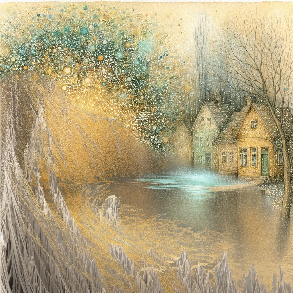Whimsical Landscape with Reflective Waters and Houses