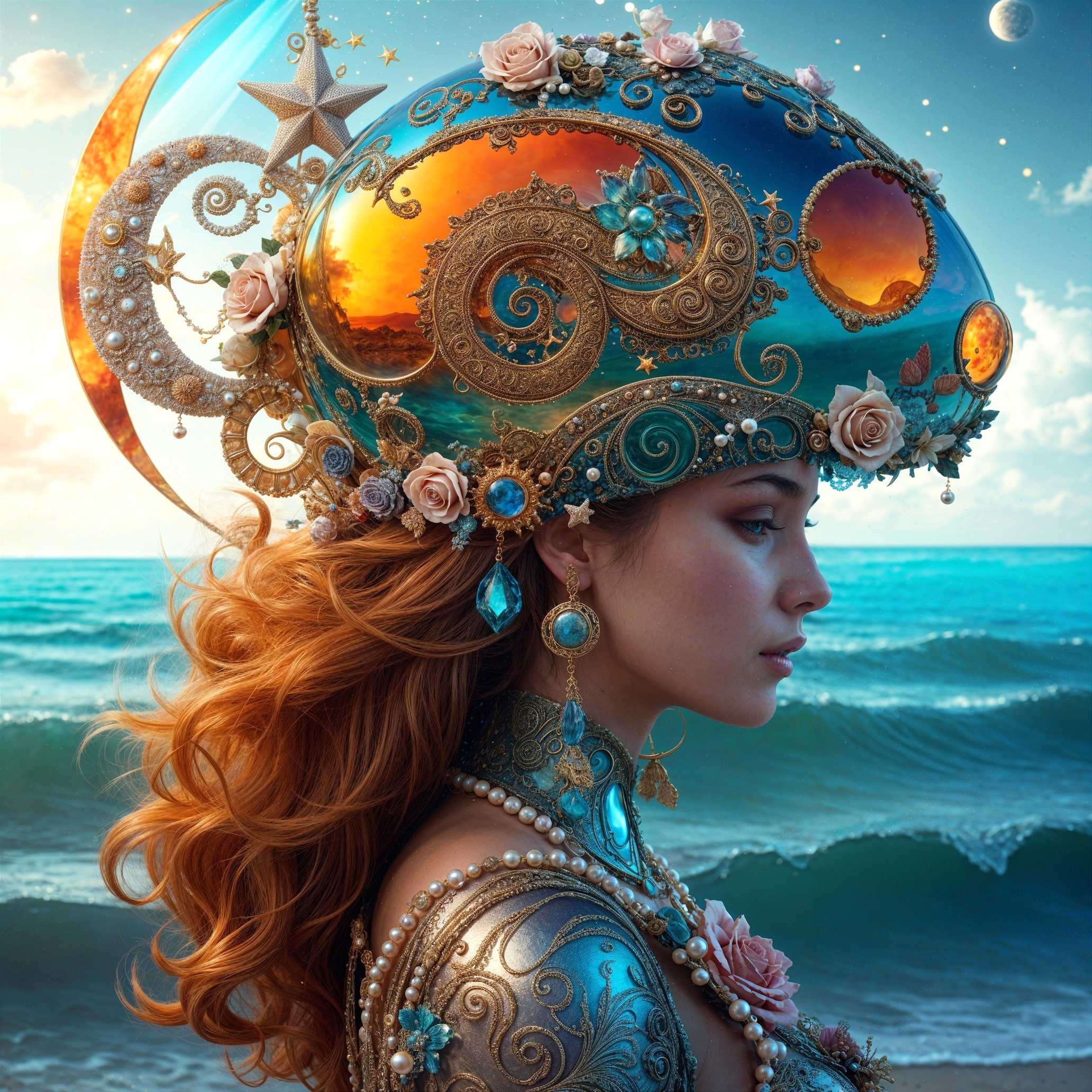 Serene Woman by Ocean with Ornate Headdress