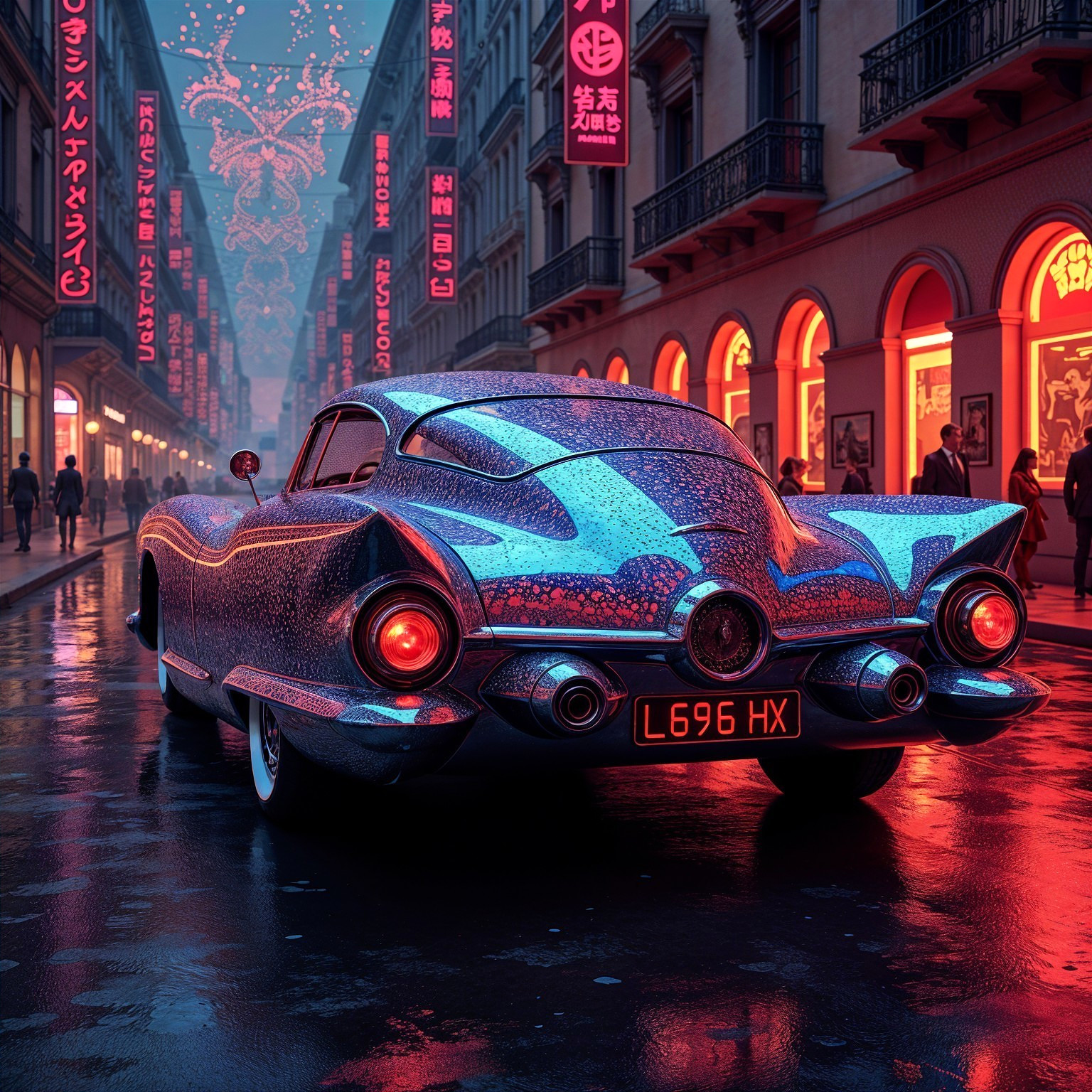 Futuristic city street with neon lights and retro car