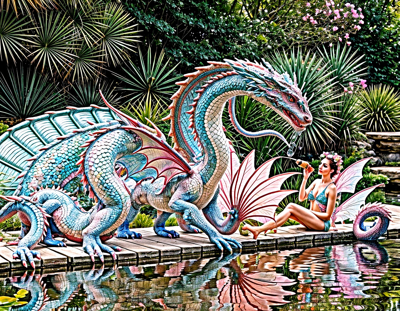 Mythical Dragon by Serene Pond in Enchanted Garden