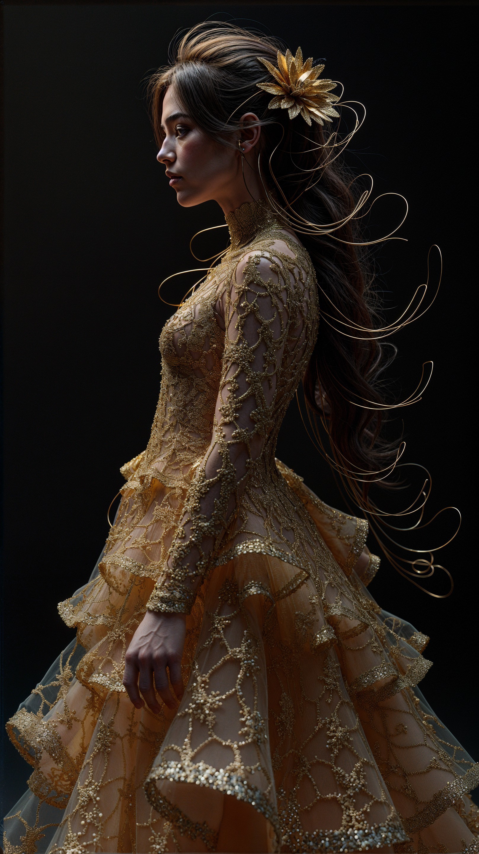 Elegant Portrait of Woman in Golden Dress