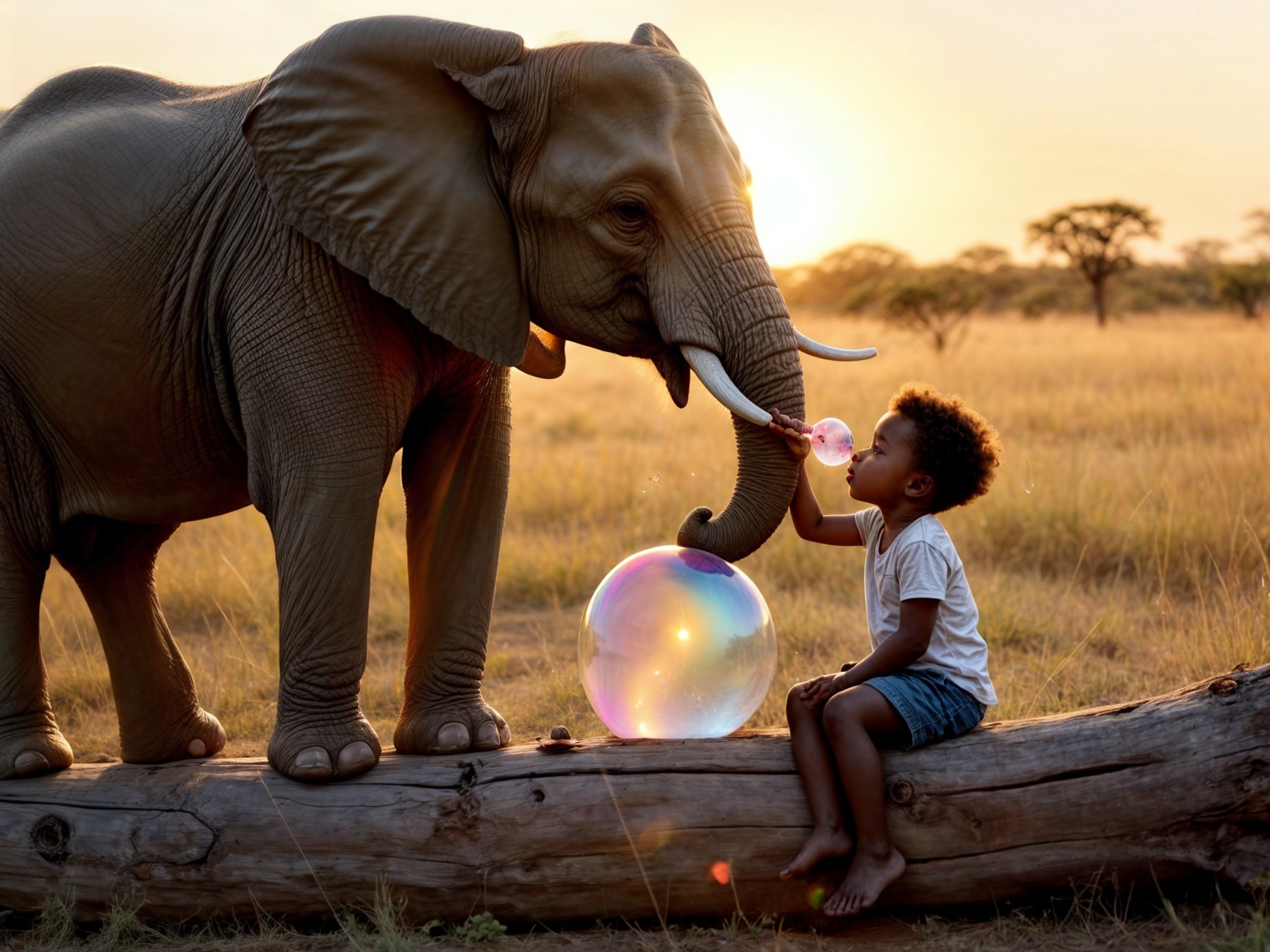 Child and Elephant Play in Sunlit Savannah
