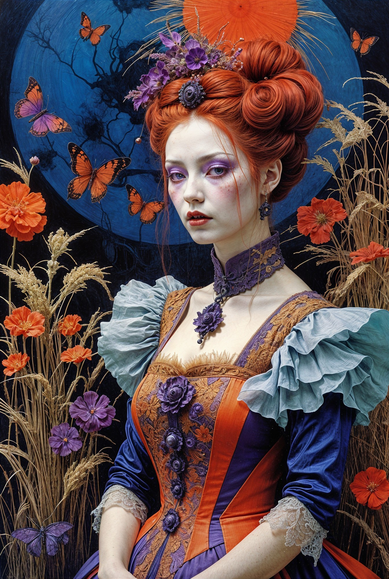 Portrait of a woman in a colorful gown with flowers