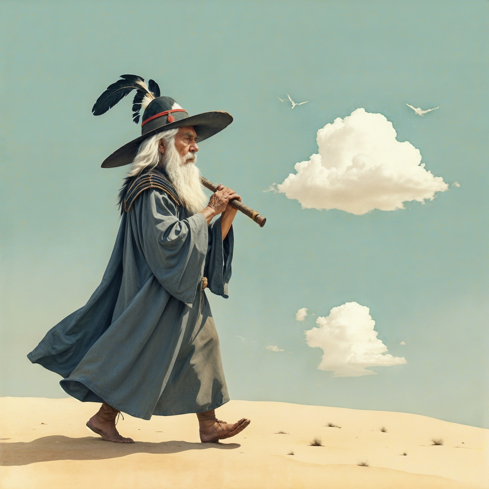 Elderly Figure in Gray Robe Playing Flute in Desert