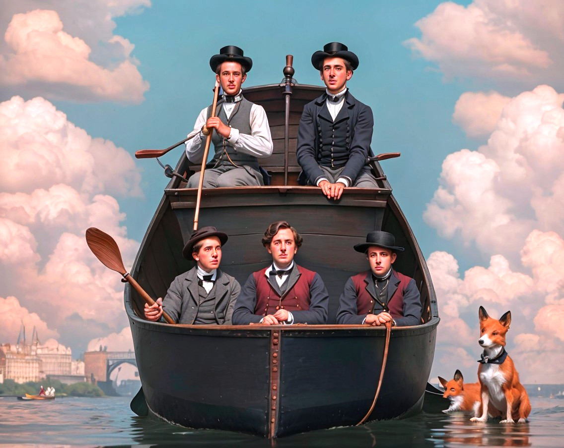 Vintage Boat on Calm Waters with Elegant Men