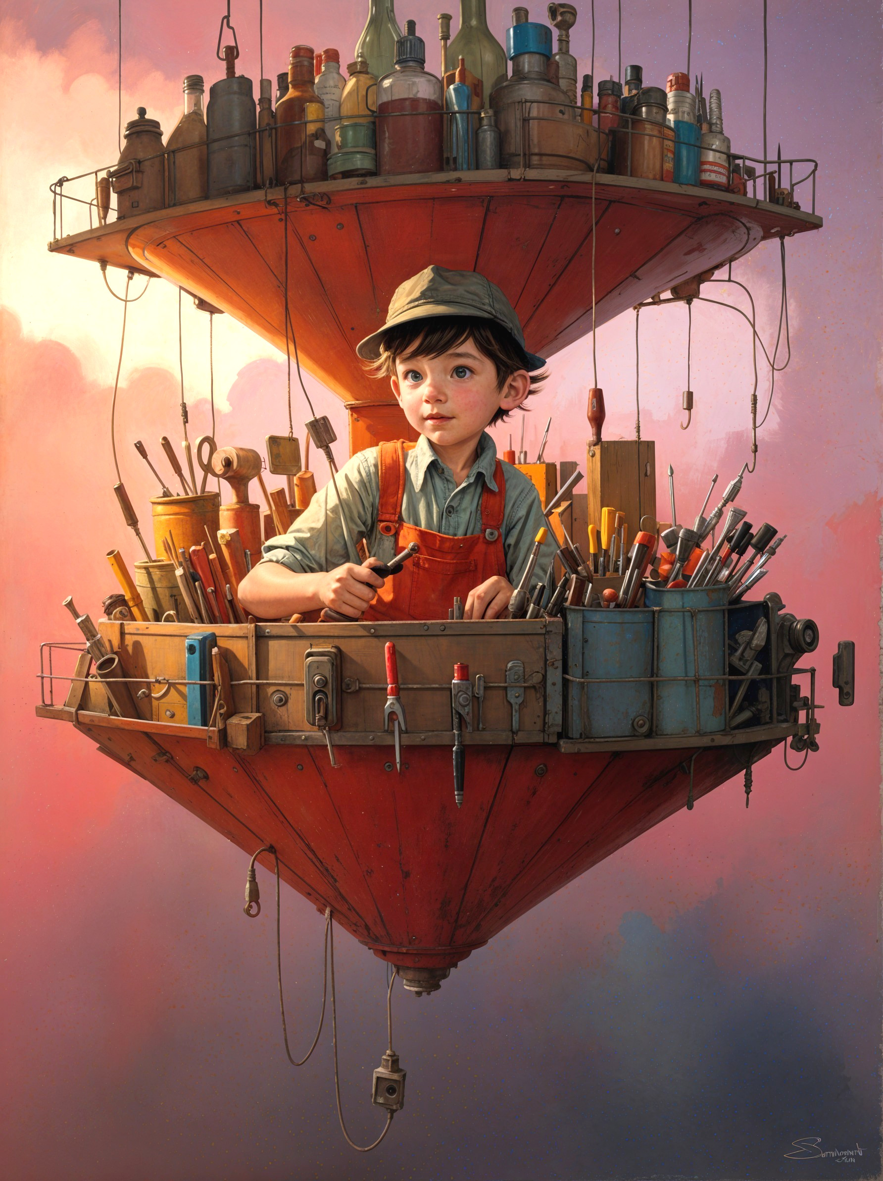 Young Boy in Cap in Floating Workshop with Tools