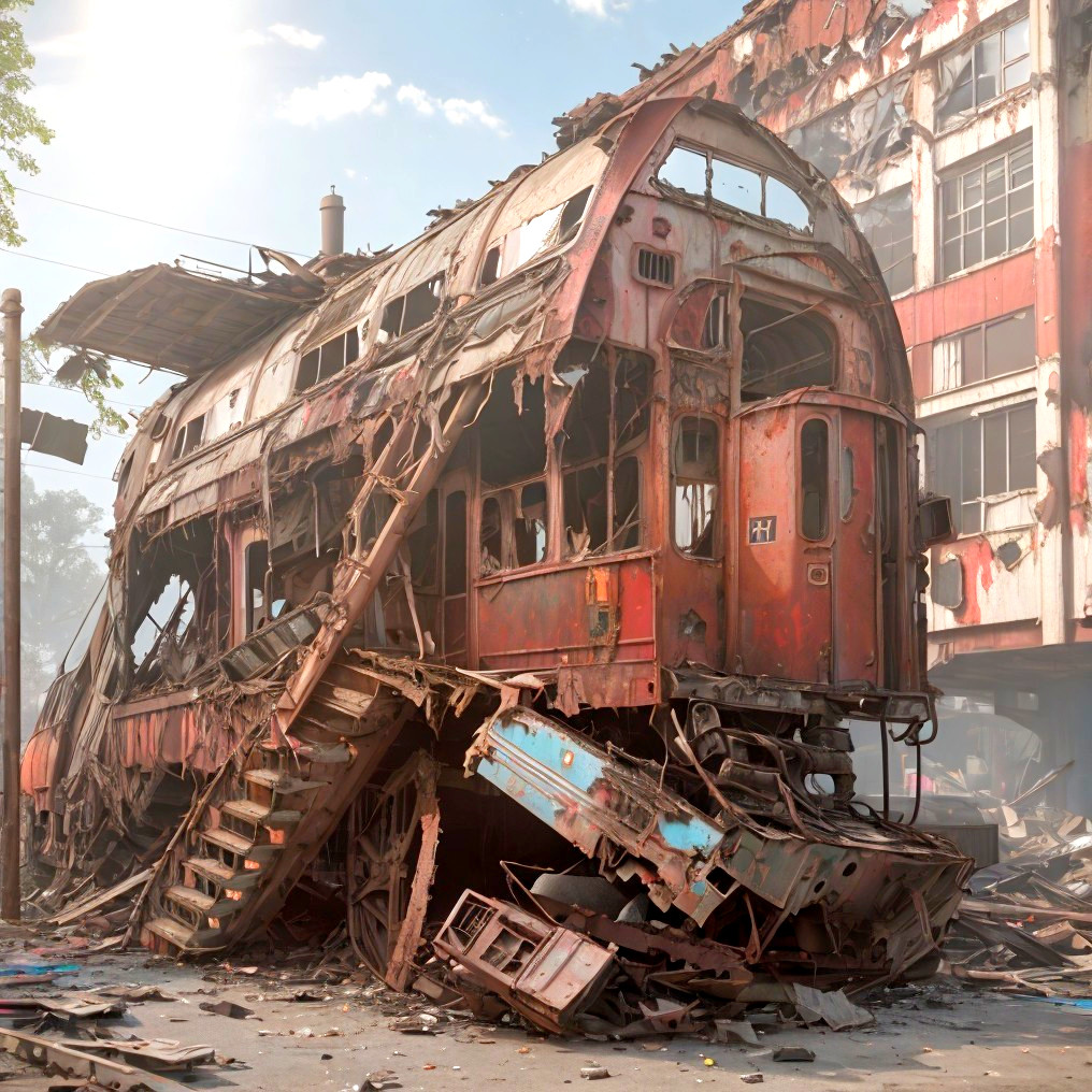 Abandoned Double-Decker Bus in Post-Apocalyptic Scene