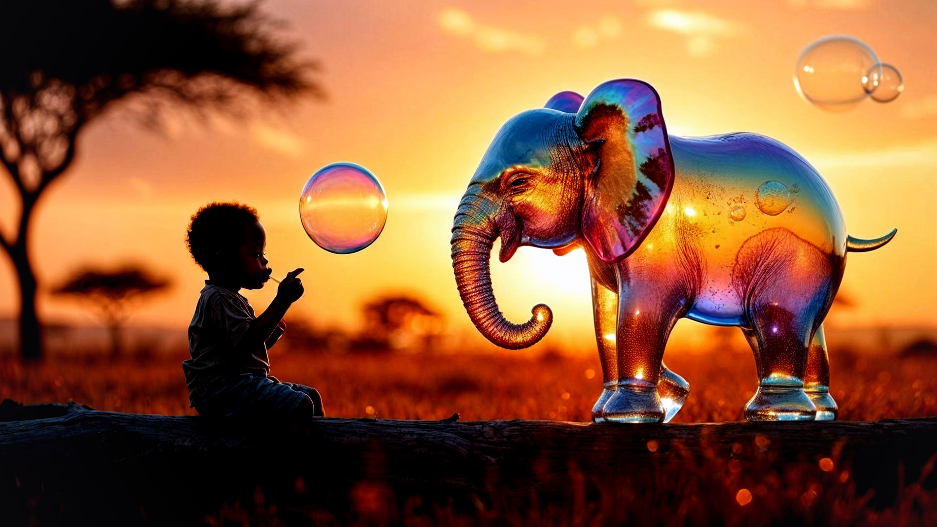 Child on Log at Sunset with Colorful Bubble Elephant