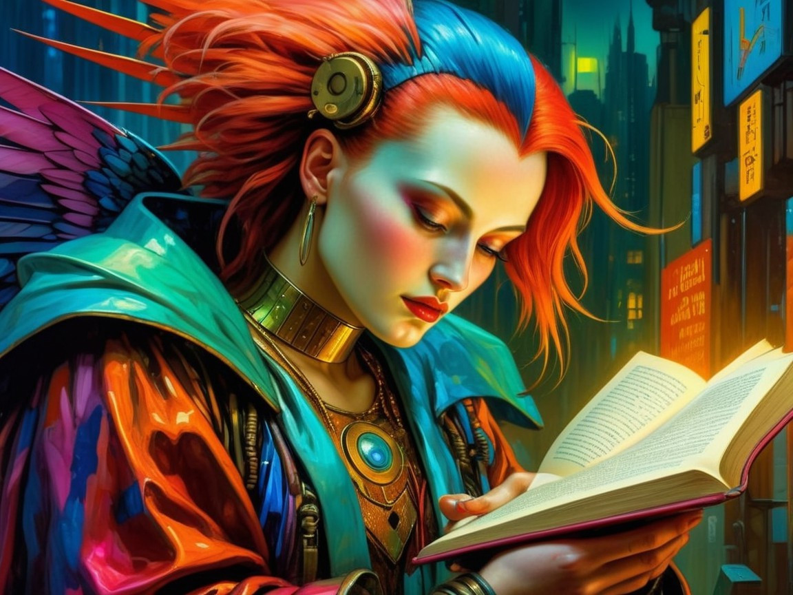 Futuristic scene of a woman reading in neon city