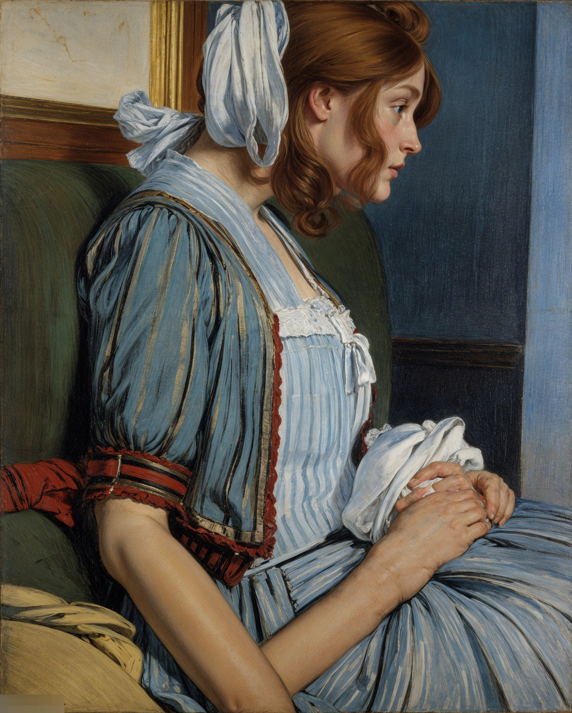 Young Woman in Historical Blue and White Dress