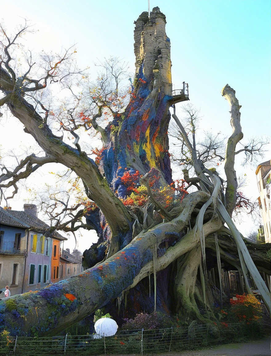 Vibrant tree with colorful bark over quaint village